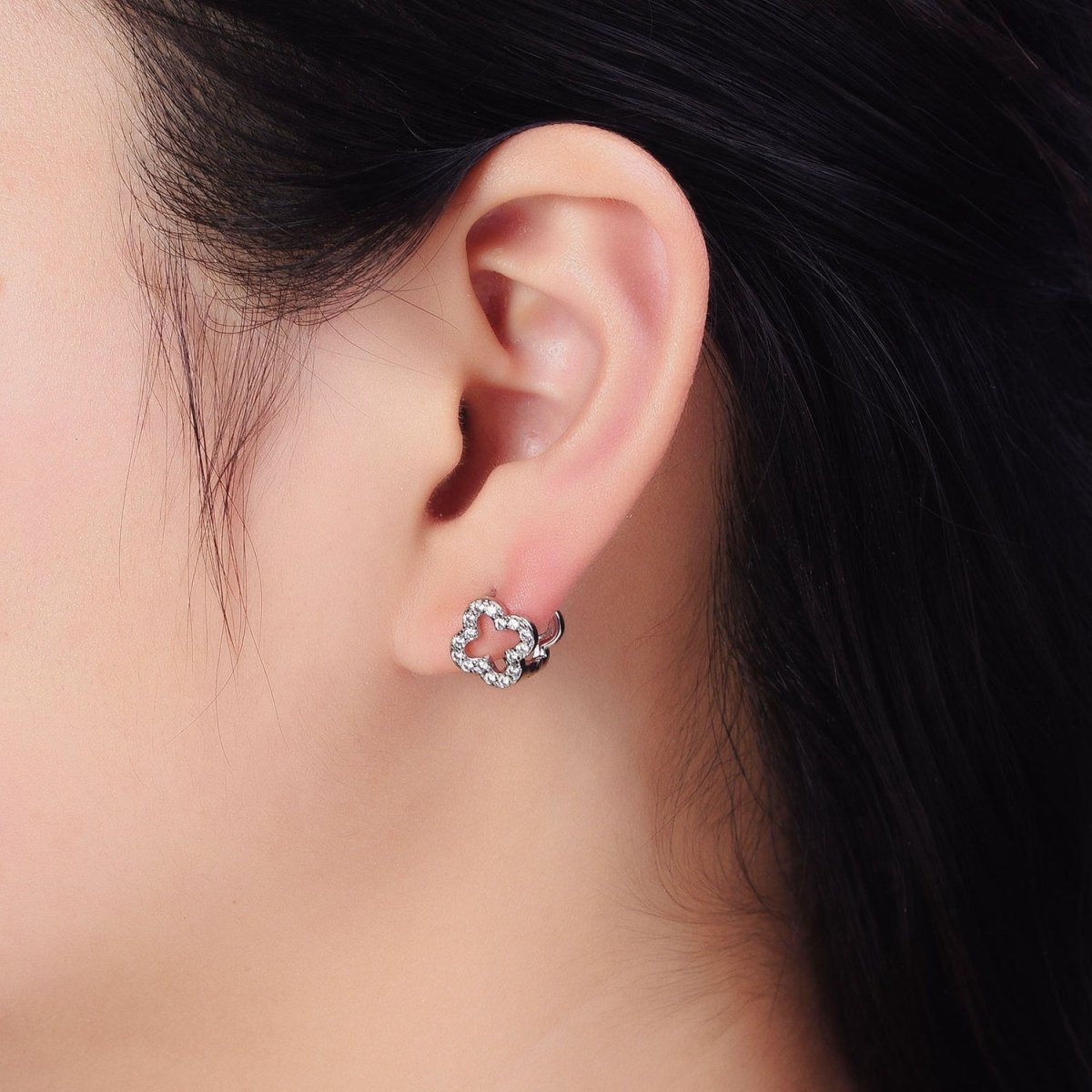 Rhodium Plated 10mm Micro Paved CZ Open Quatrefoil Clover Huggie Earrings in Silver & Gold | AB467 AB748