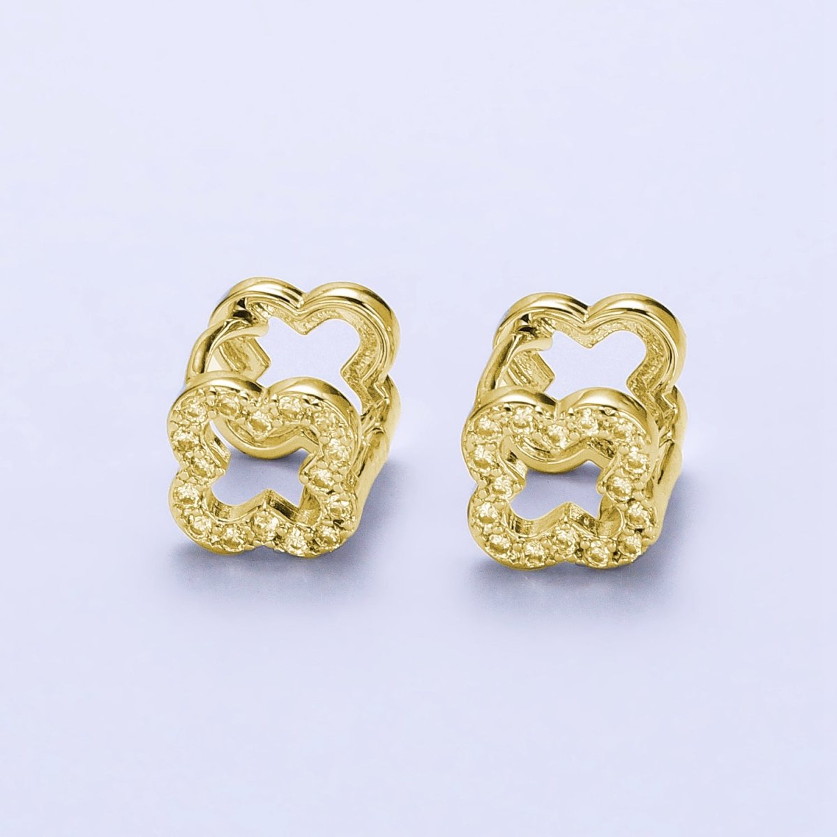 Rhodium Plated 10mm Micro Paved CZ Open Quatrefoil Clover Huggie Earrings in Silver & Gold | AB467 AB748