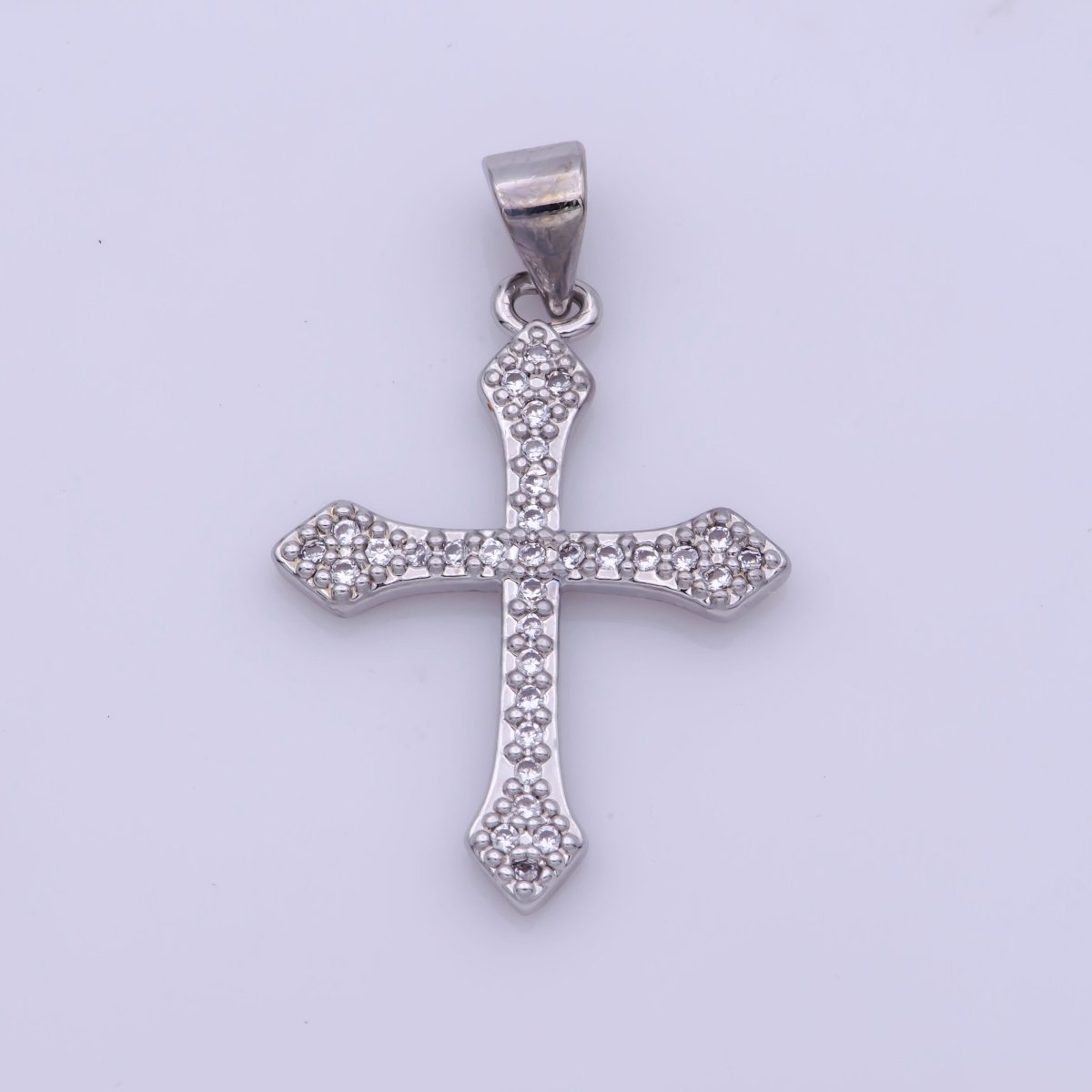 Rhodium Plated, 14K Gold Filled Cubic Zirconia Pave Cross Charm, Silver Cross Pendant CZ Micro Pave Cross, Ornate Cross Pendant, CZ Cross Layer Necklace, Elegance Cross, Cubic Zirconia Necklace Pendant Charm Bails Findings for Jewelry Making  H-188