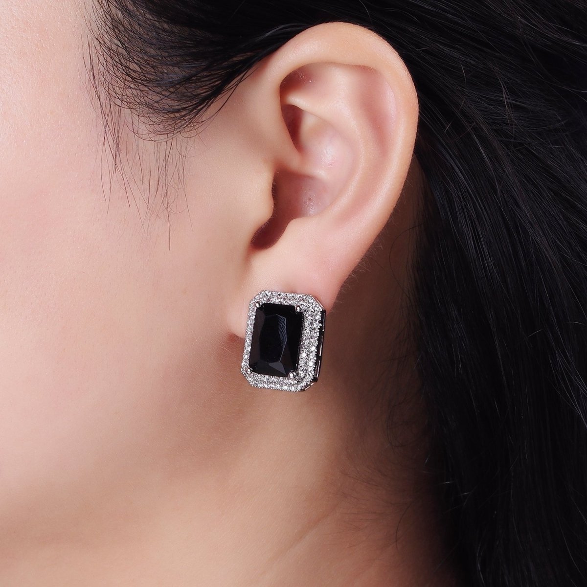 Rhodium Plated Black Baguette CZ Micro Paved Stud Earrings | V289 - DLUXCA