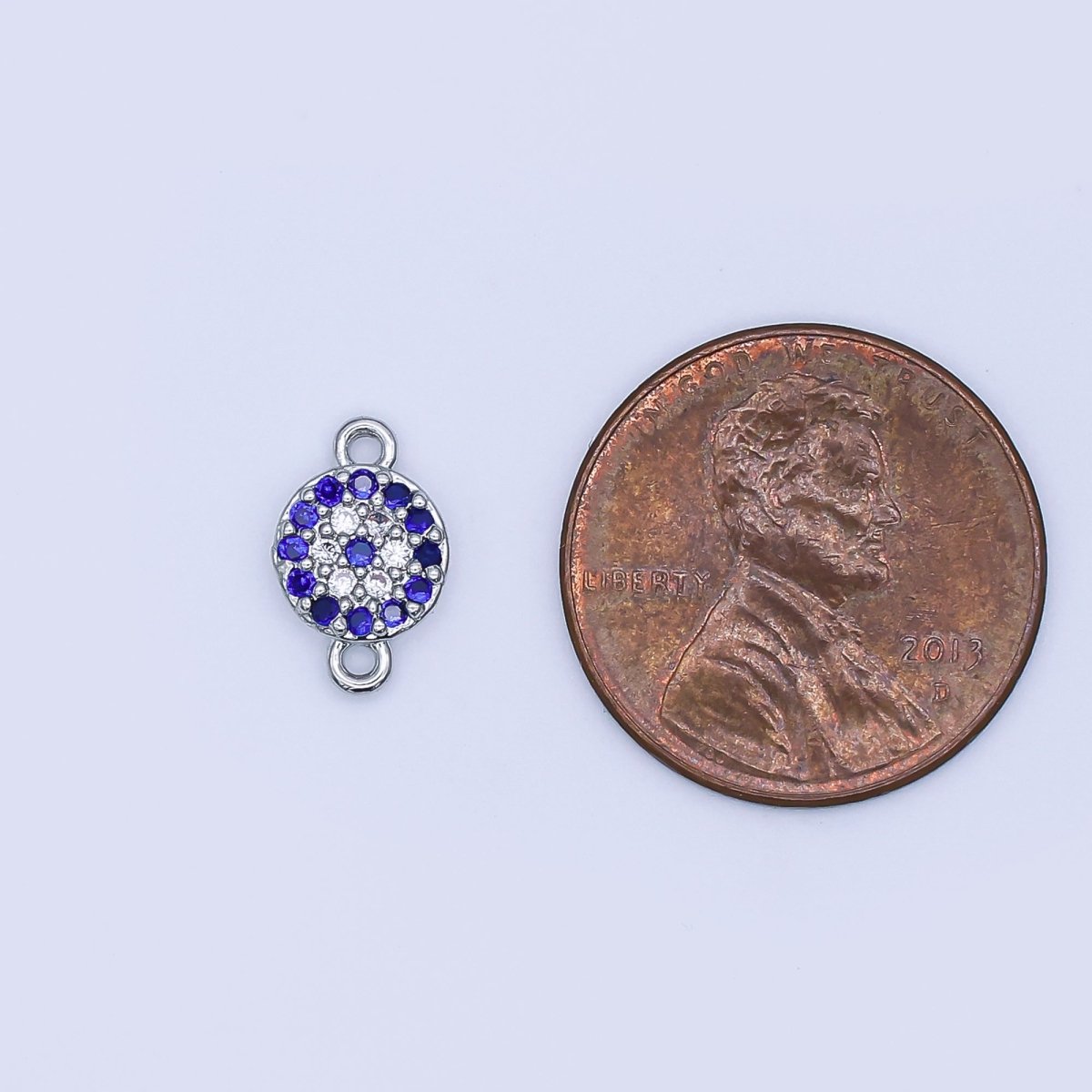 Rhodium Plated Blue Micro Paved CZ Evil Eye 7mm Round Mini Connector | Y029 - DLUXCA