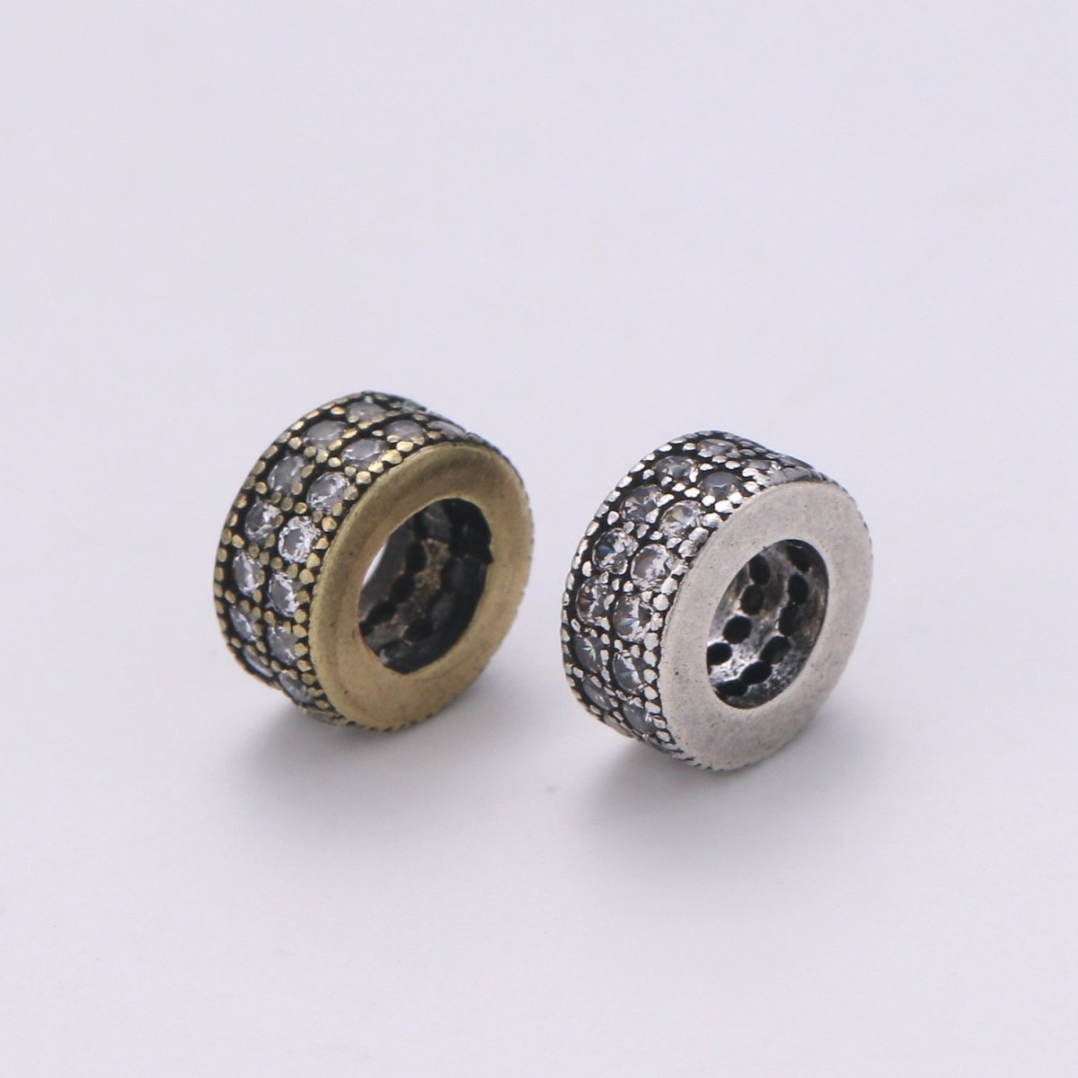 Rondelle Spacer Beads Antique Gold Silver Micro Pave Big Hole Spacer Beads, Sliding Beads Earring Necklace Bracelet, B-529