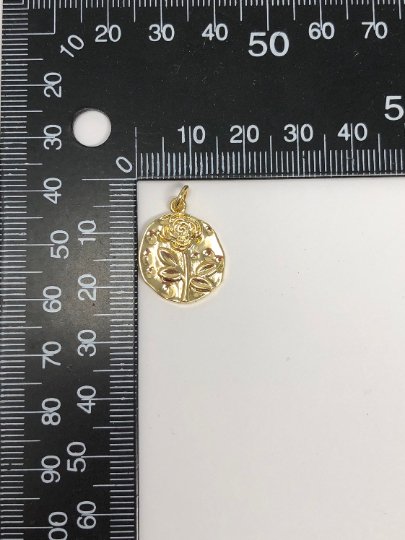 Rose Coin Pendant - Charm, Flower Pendant, Gold Plated Charm, Nature Charm, Gold Disc, Gold Medallion, Flower Coin Charm, D-171  E-086