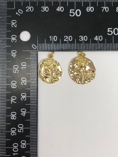 Rose Coin Pendant - Charm, Flower Pendant, Gold Plated Charm, Nature Charm, Gold Disc, Gold Medallion, Flower Coin Charm, D-171  E-086