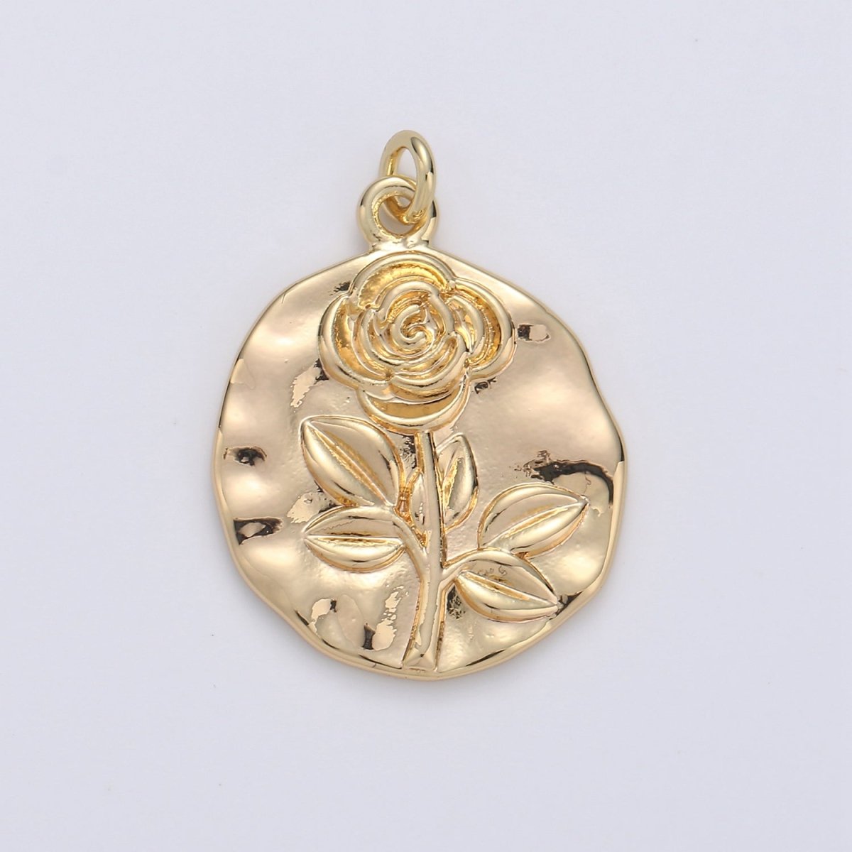 Rose Coin Pendant - Charm, Flower Pendant, Gold Plated Charm, Nature Charm, Gold Disc, Gold Medallion, Flower Coin Charm, D-171  E-086