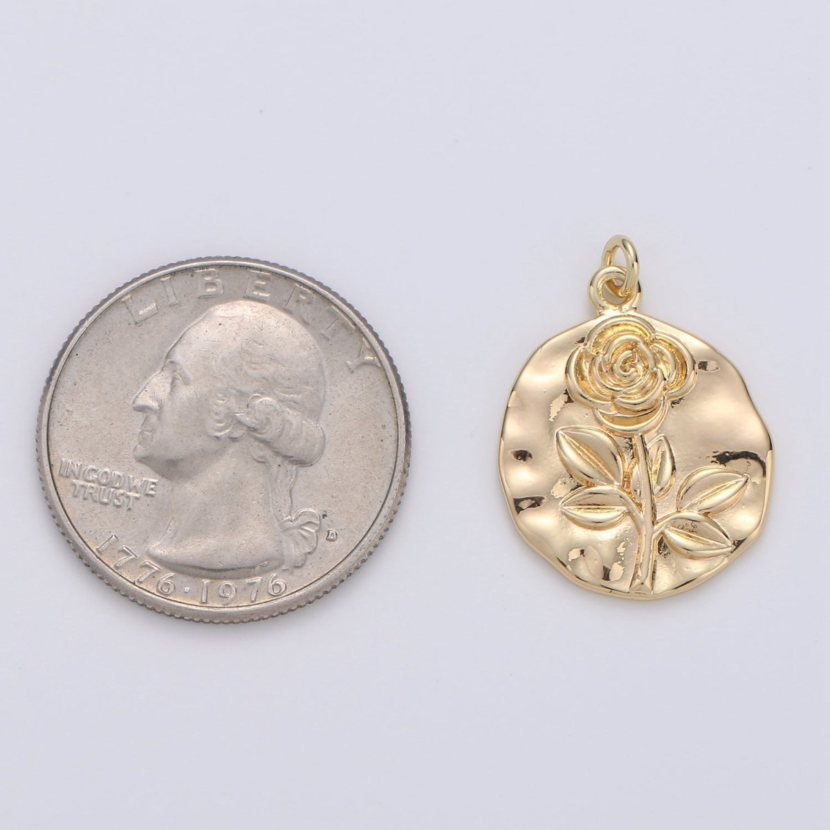 Rose Coin Pendant - Charm, Flower Pendant, Gold Plated Charm, Nature Charm, Gold Disc, Gold Medallion, Flower Coin Charm, D-171  E-086