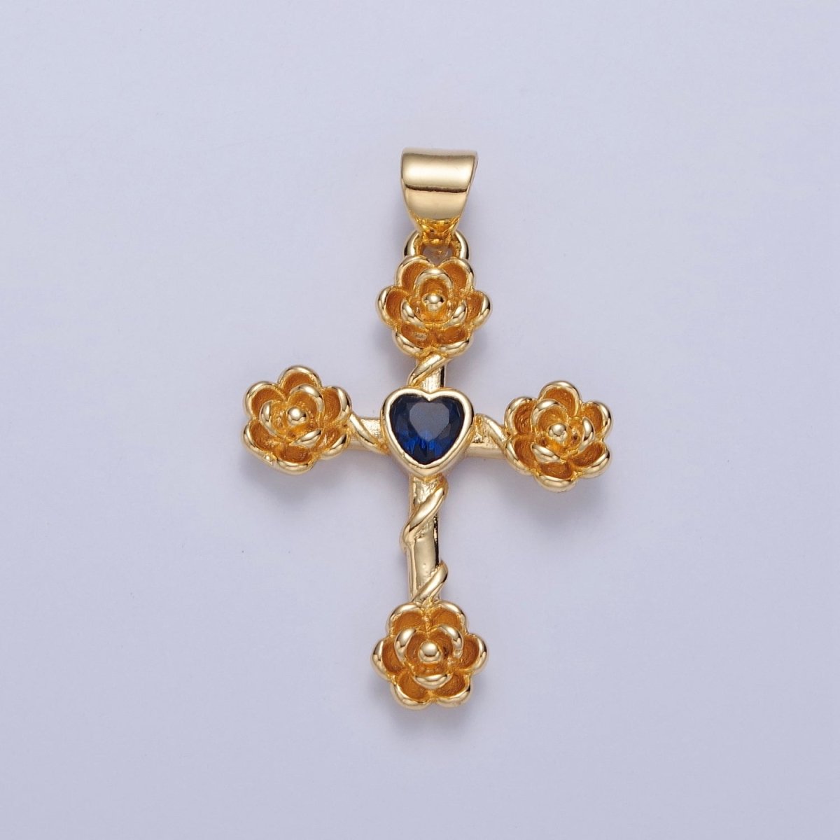 Rose Cross Pendant with Heart CZ 24K Gold Filled Roses Crucifix Charm J-646 J-658 J-665 J-668 J-676 J-677 J-681 J-682 J-685 J-687 J-691