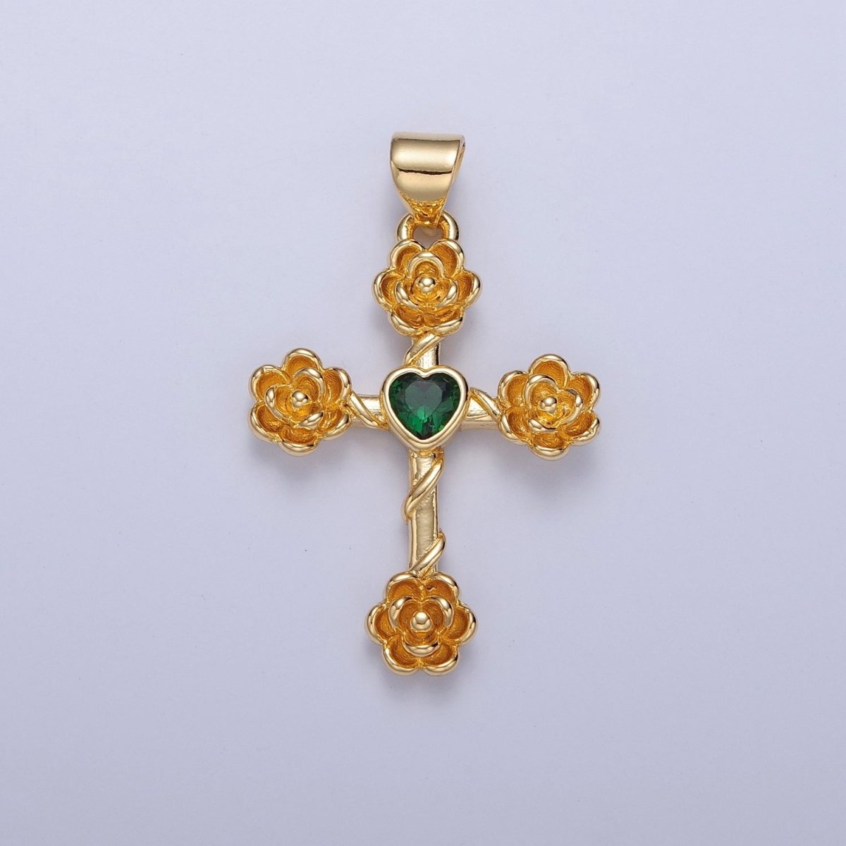 Rose Cross Pendant with Heart CZ 24K Gold Filled Roses Crucifix Charm J-646 J-658 J-665 J-668 J-676 J-677 J-681 J-682 J-685 J-687 J-691