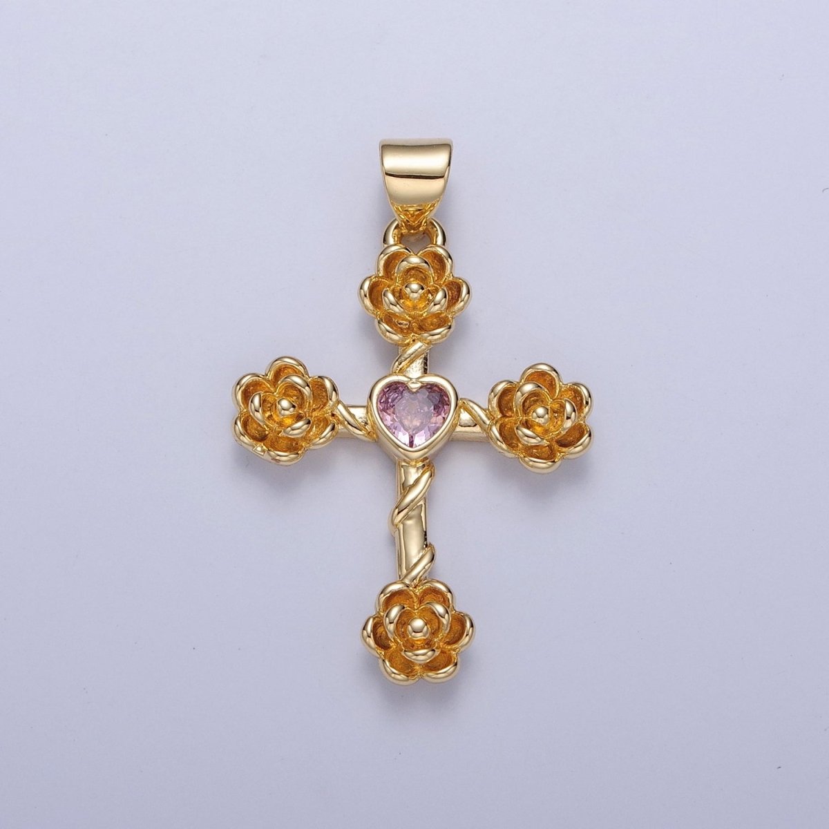 Rose Cross Pendant with Heart CZ 24K Gold Filled Roses Crucifix Charm J-646 J-658 J-665 J-668 J-676 J-677 J-681 J-682 J-685 J-687 J-691