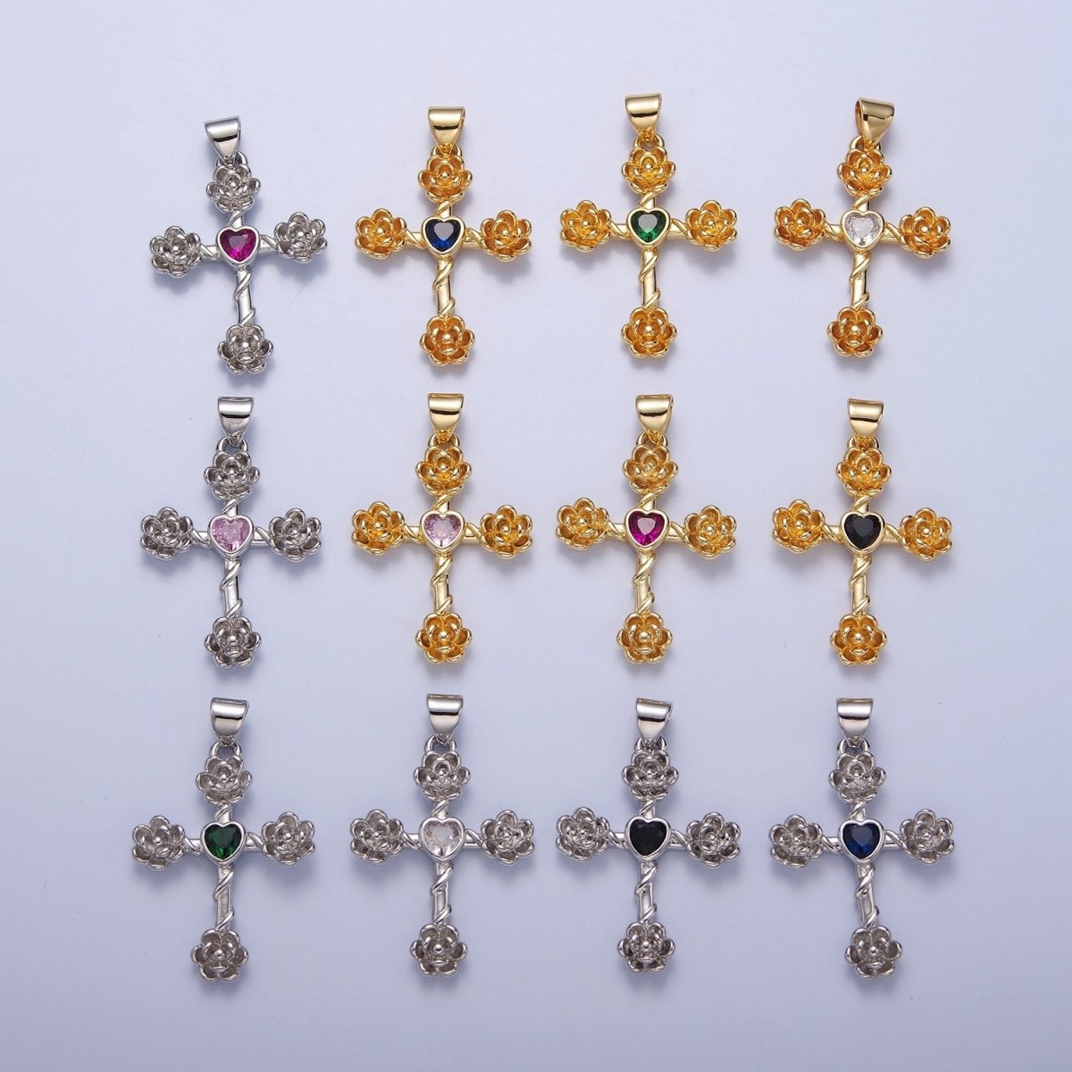 Rose Cross Pendant with Heart CZ 24K Gold Filled Roses Crucifix Charm J-646 J-658 J-665 J-668 J-676 J-677 J-681 J-682 J-685 J-687 J-691