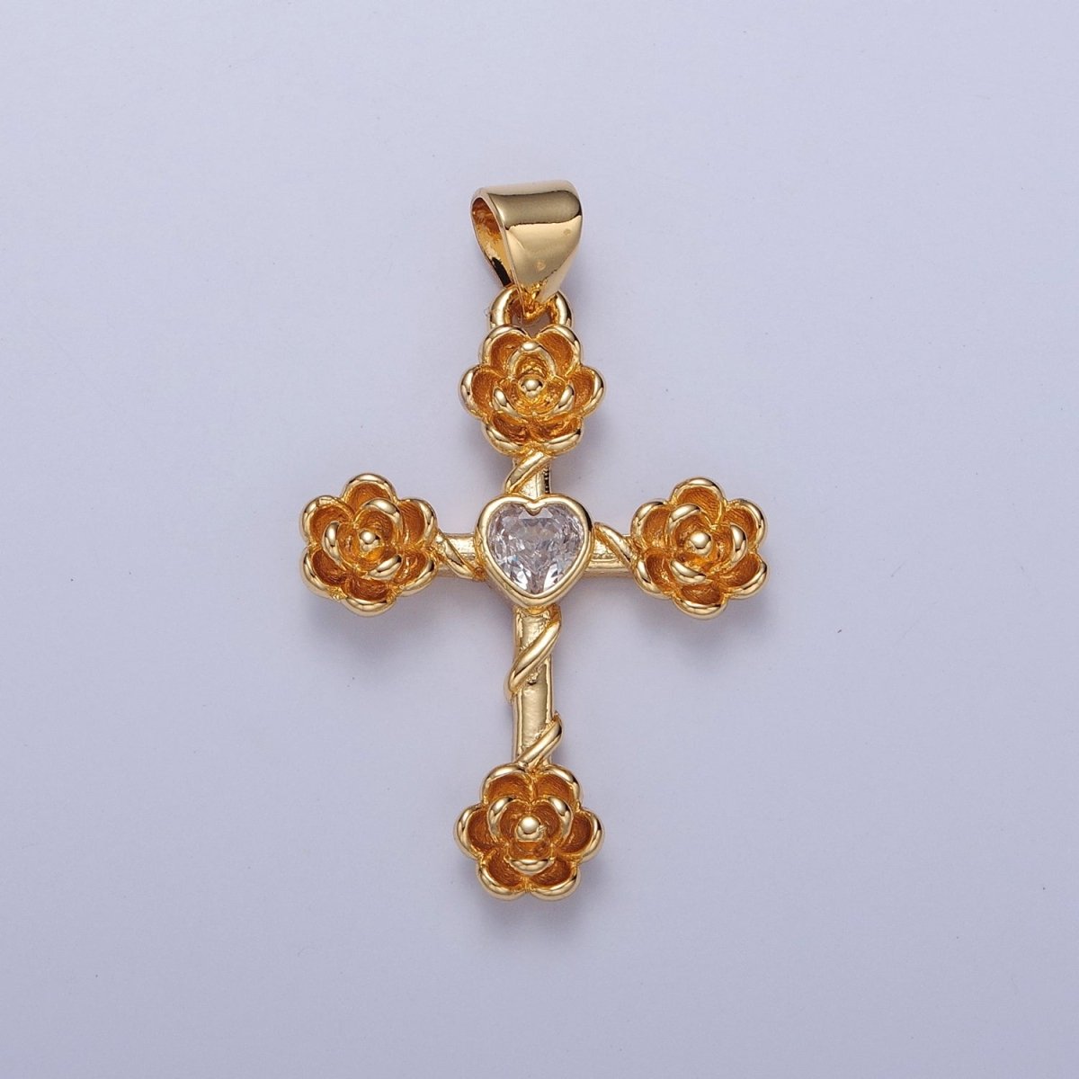 Rose Cross Pendant with Heart CZ 24K Gold Filled Roses Crucifix Charm J-646 J-658 J-665 J-668 J-676 J-677 J-681 J-682 J-685 J-687 J-691