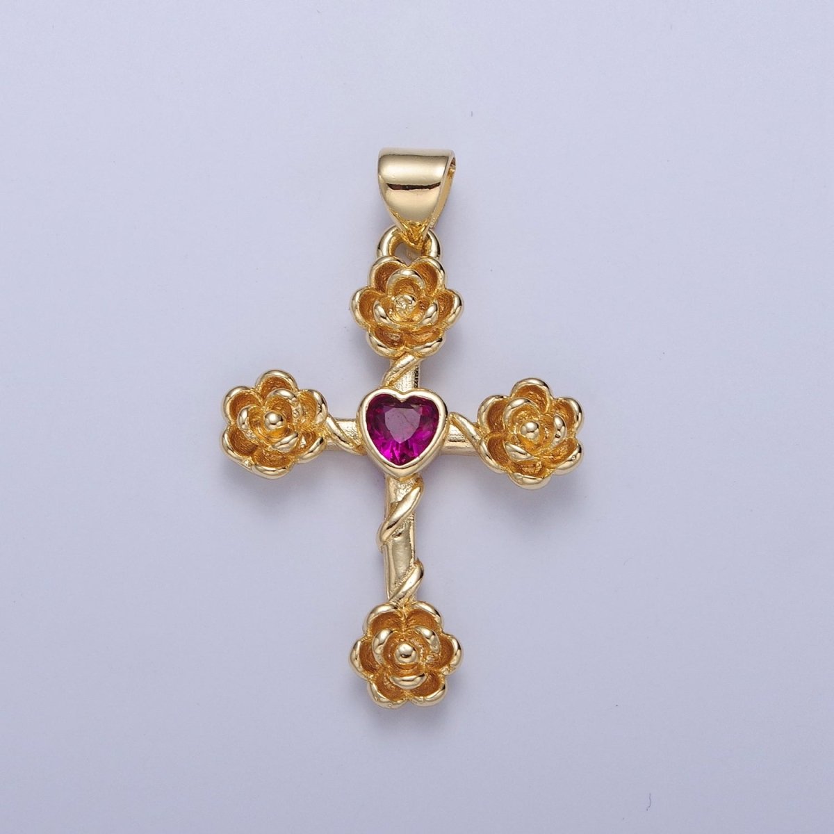 Rose Cross Pendant with Heart CZ 24K Gold Filled Roses Crucifix Charm J-646 J-658 J-665 J-668 J-676 J-677 J-681 J-682 J-685 J-687 J-691
