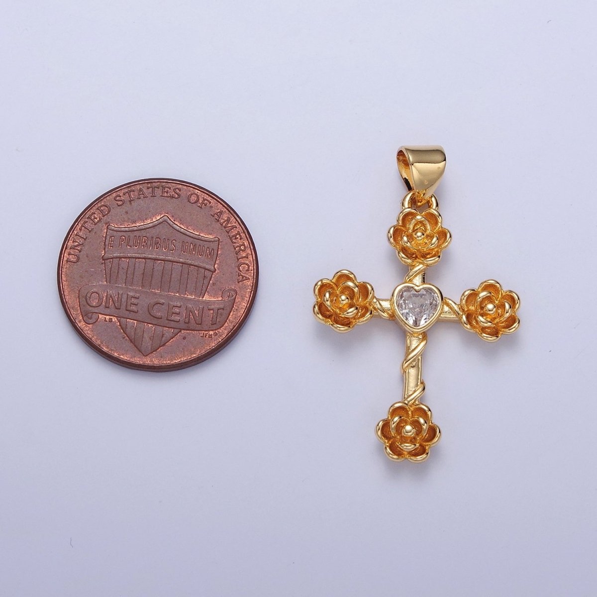Rose Cross Pendant with Heart CZ 24K Gold Filled Roses Crucifix Charm J-646 J-658 J-665 J-668 J-676 J-677 J-681 J-682 J-685 J-687 J-691