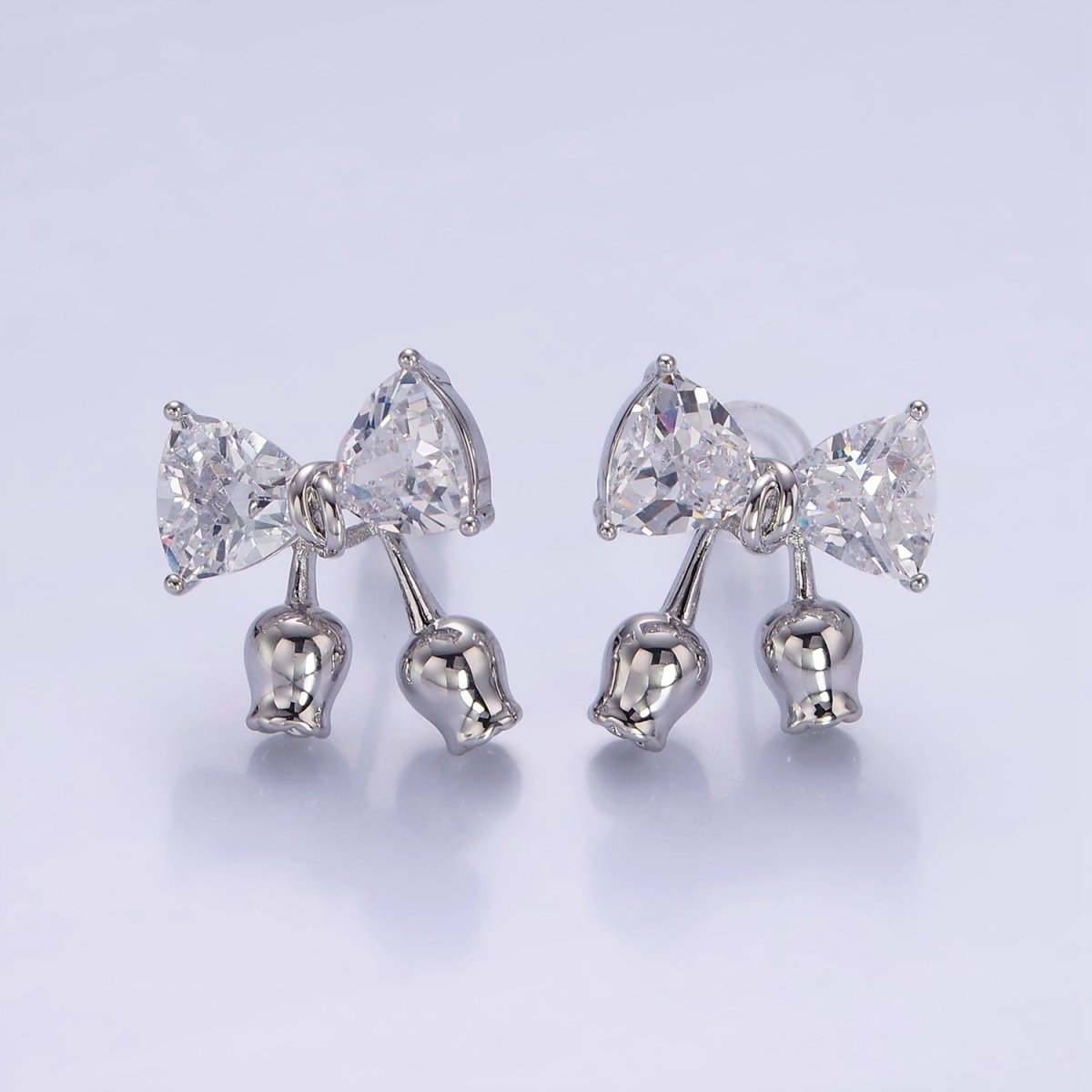 Rose Flower Ribbon Bow CZ Stud Earrings in Gold & Silver | V530 V531
