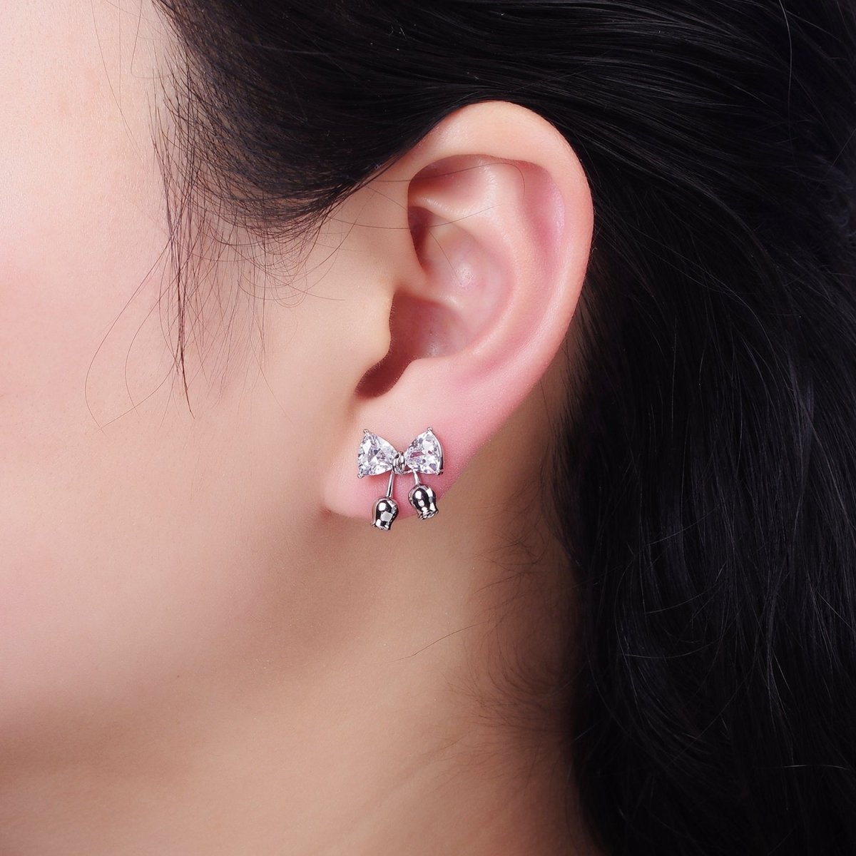 Rose Flower Ribbon Bow CZ Stud Earrings in Gold & Silver | V530 V531