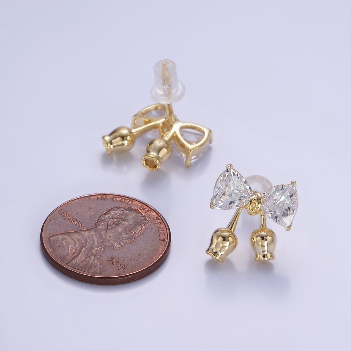 Rose Flower Ribbon Bow CZ Stud Earrings in Gold & Silver | V530 V531