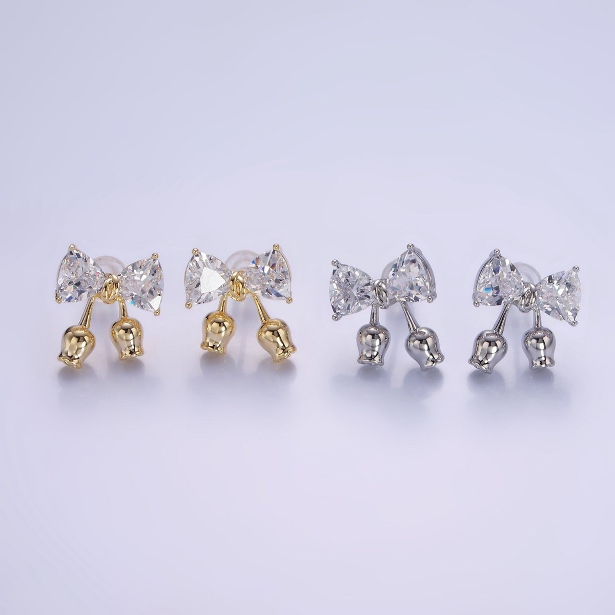 Rose Flower Ribbon Bow CZ Stud Earrings in Gold & Silver | V530 V531