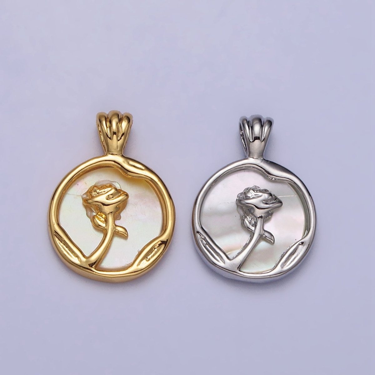 Rose Flower Shell Pearl Dented Round Pendant in Gold & Silver | AA095 AA096