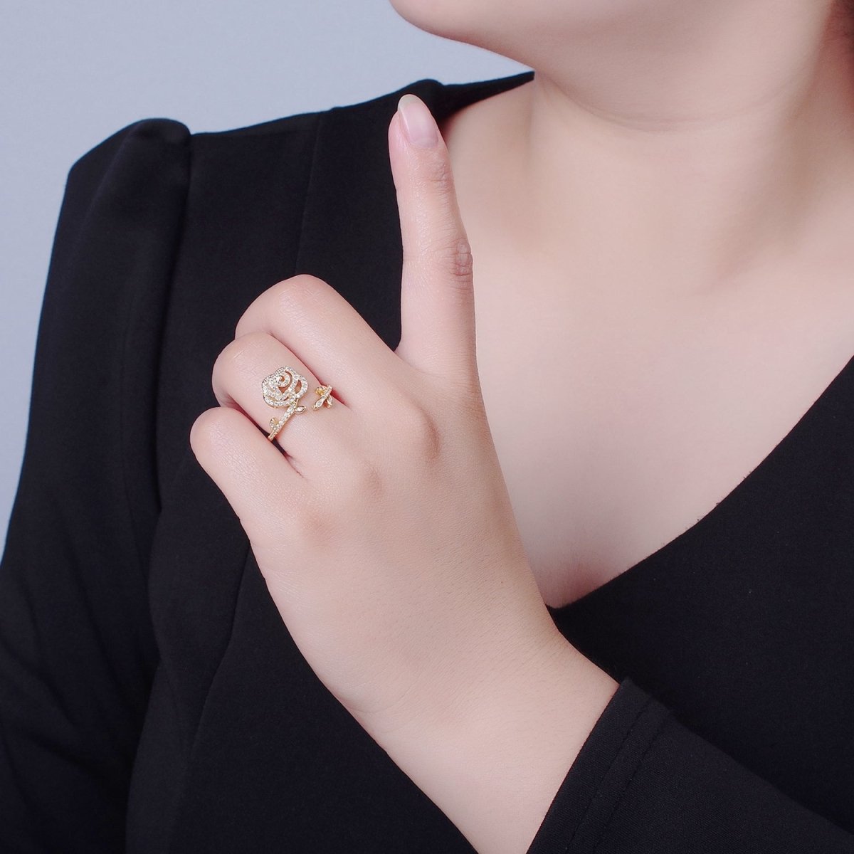 Rose Petal ring Pave Flower jewelry Gold floral ring Romantic ring O-2255