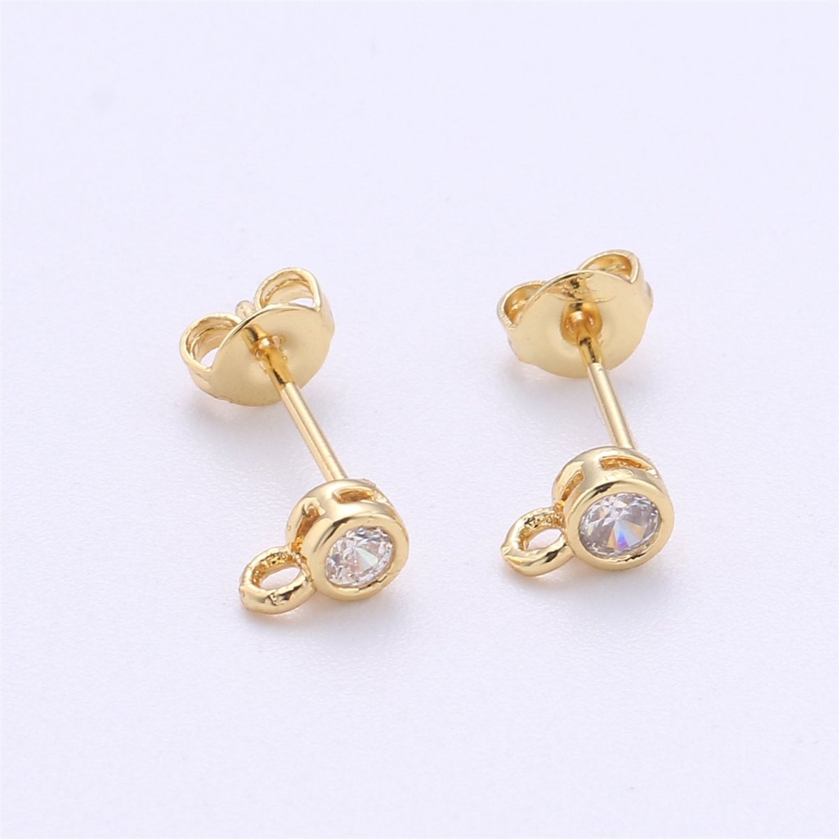 Round Circle CZ Earring Post w/ Open link, Nickel free 15x6mm 14K gold Filled brass, Nickel free Earring Making Post Findings Supply, K-326