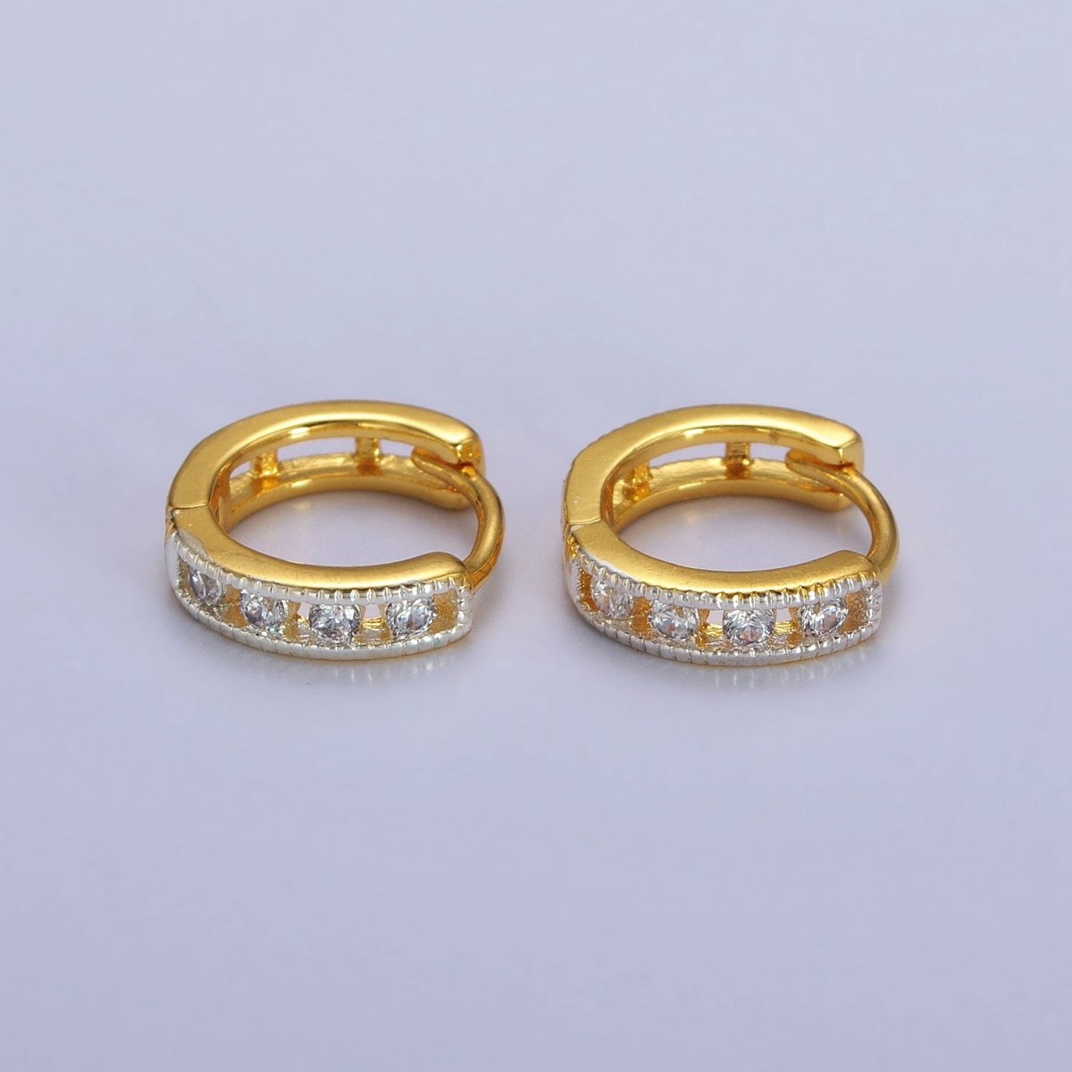 Round Clear CZ Gold, Silver Lined 12mm Huggie Hoop Earrings | AB117 AB118