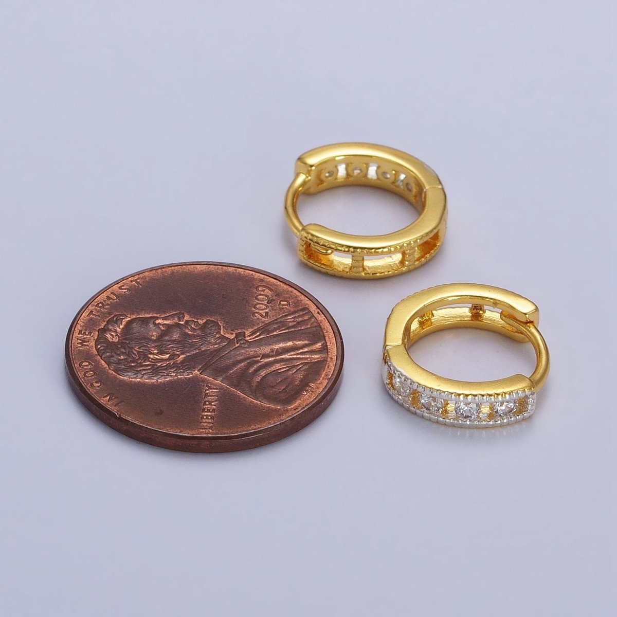 Round Clear CZ Gold, Silver Lined 12mm Huggie Hoop Earrings | AB117 AB118