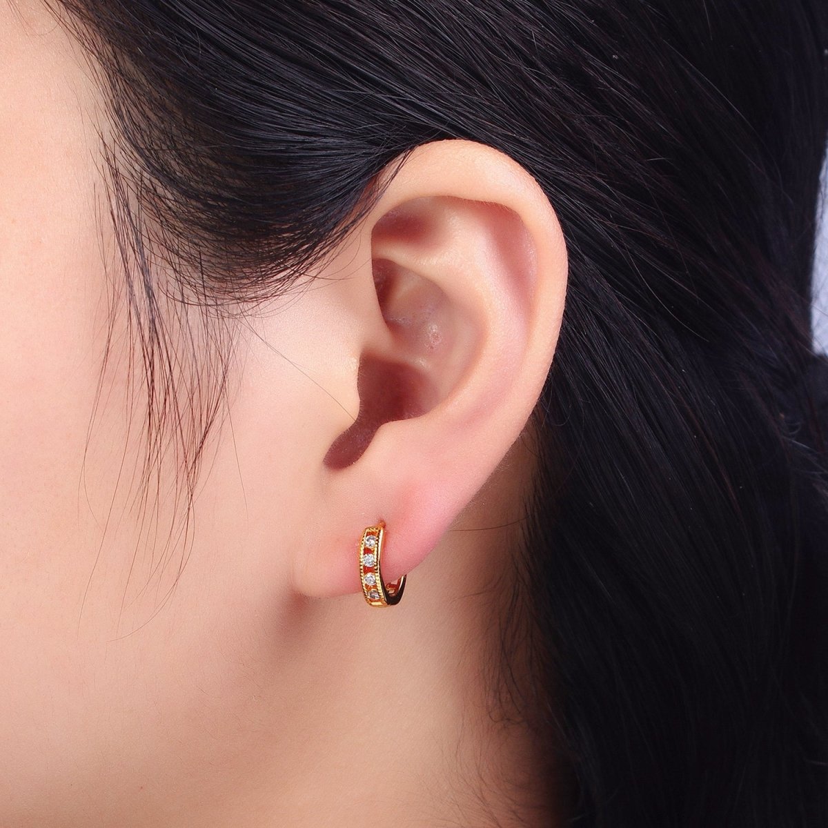 Round Clear CZ Gold, Silver Lined 12mm Huggie Hoop Earrings | AB117 AB118