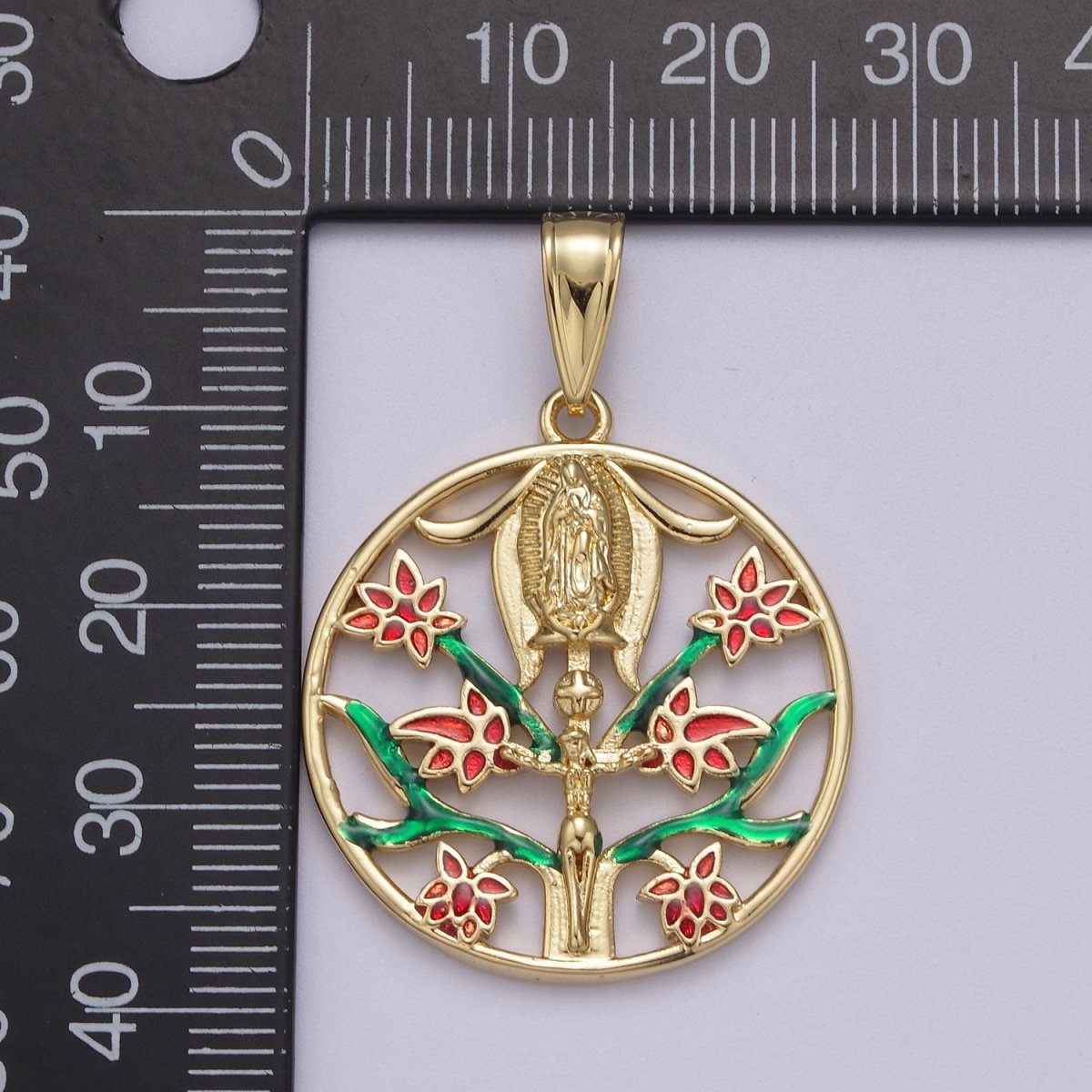 Round Coin Gold Virgin Mary With Green Garden Pink Rose Flower for Necklace Pendant N-615 - DLUXCA
