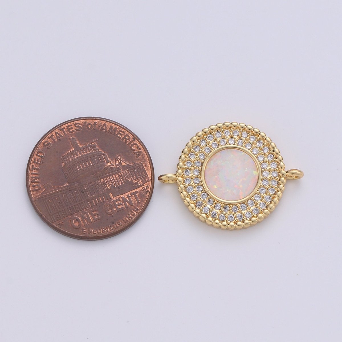 Round cubic with White Opal Charm, Circle Disc Charm Connector, Micro Pave Pink Opal pendant, Dainty Link Connector in 14k Gold Filled F-484  F-486