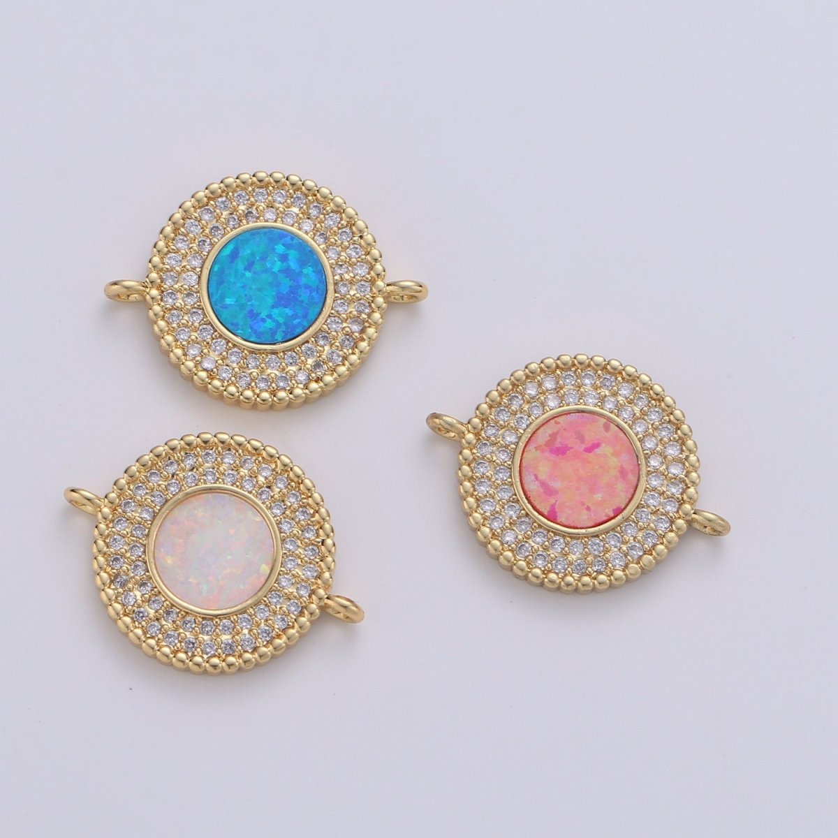 Round cubic with White Opal Charm, Circle Disc Charm Connector, Micro Pave Pink Opal pendant, Dainty Link Connector in 14k Gold Filled F-484  F-486