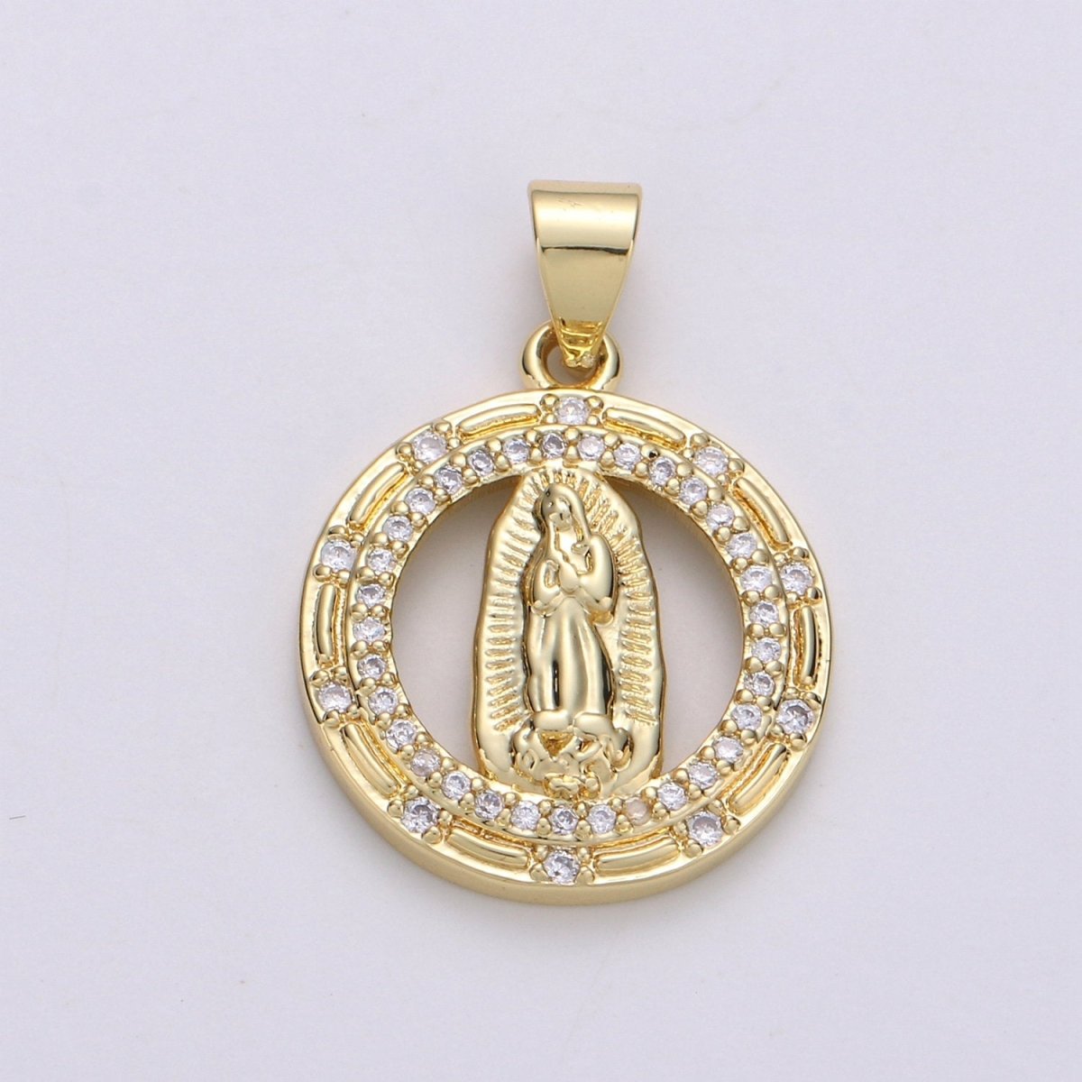 Round Gold Filled Hollow Virgin Mother Mary Pendant Catholic Baptism Micro Pave Lady Guadalupe Charm Medallion Religious Jewelry Craft I-700 - DLUXCA