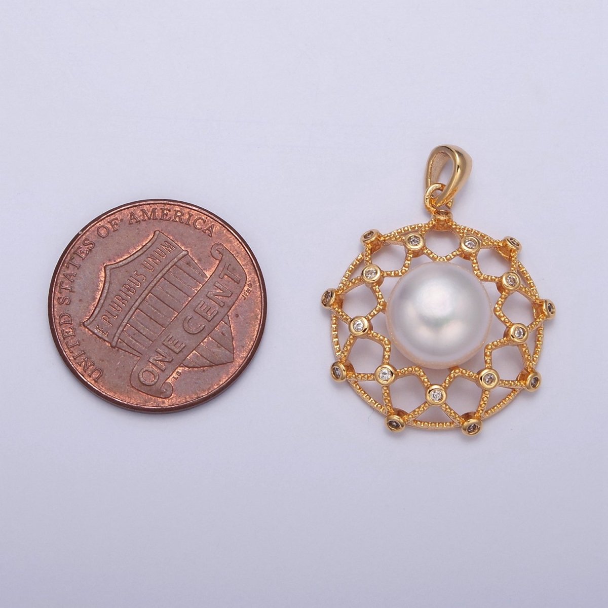 Round Medallion Pave Genuine Shell Pearl Pendant Minimalist Bridal Wedding Jewelry I-044 - DLUXCA