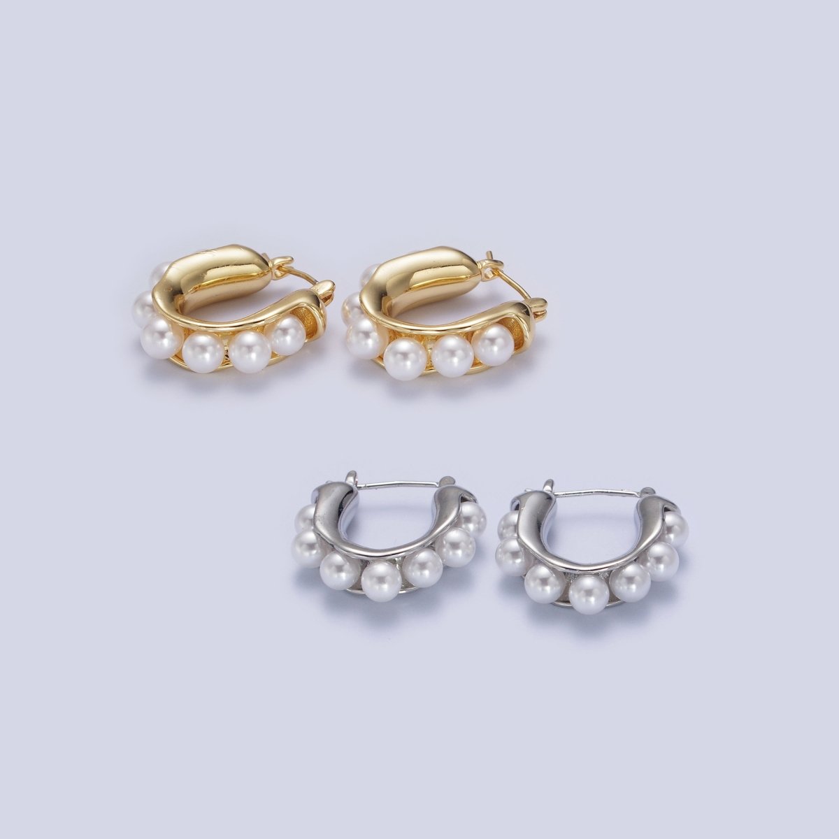 Round Pearl Lined 24.3mm Gold / Silver Latch Geometric Hoop Earrings | AD-114 AD-196