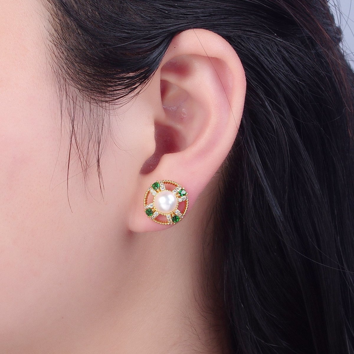 Round White Pearl Stud Earring with Gold Green Pave Round Earring for Wedding Jewelry T-533 - DLUXCA