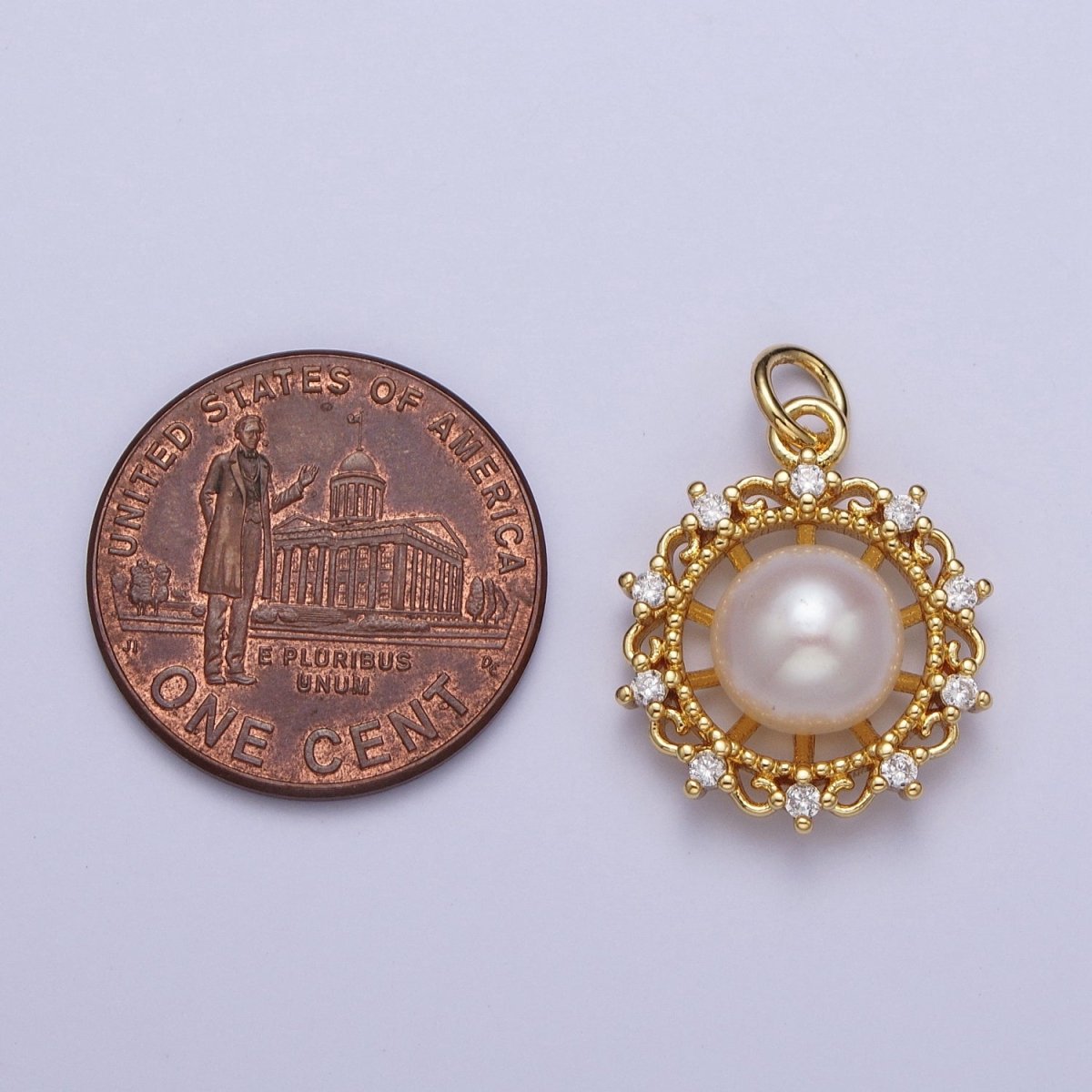 Round White / Purple Shell Pearl Celestial Wheel CZ Gold Charm | N-676