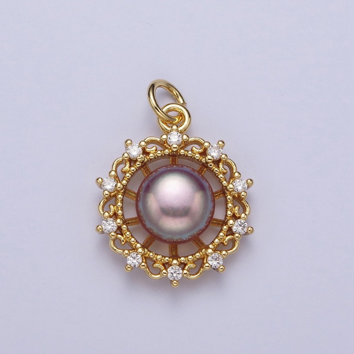 Round White / Purple Shell Pearl Celestial Wheel CZ Gold Charm | N-676