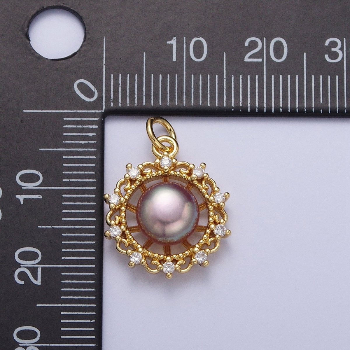 Round White / Purple Shell Pearl Celestial Wheel CZ Gold Charm | N-676