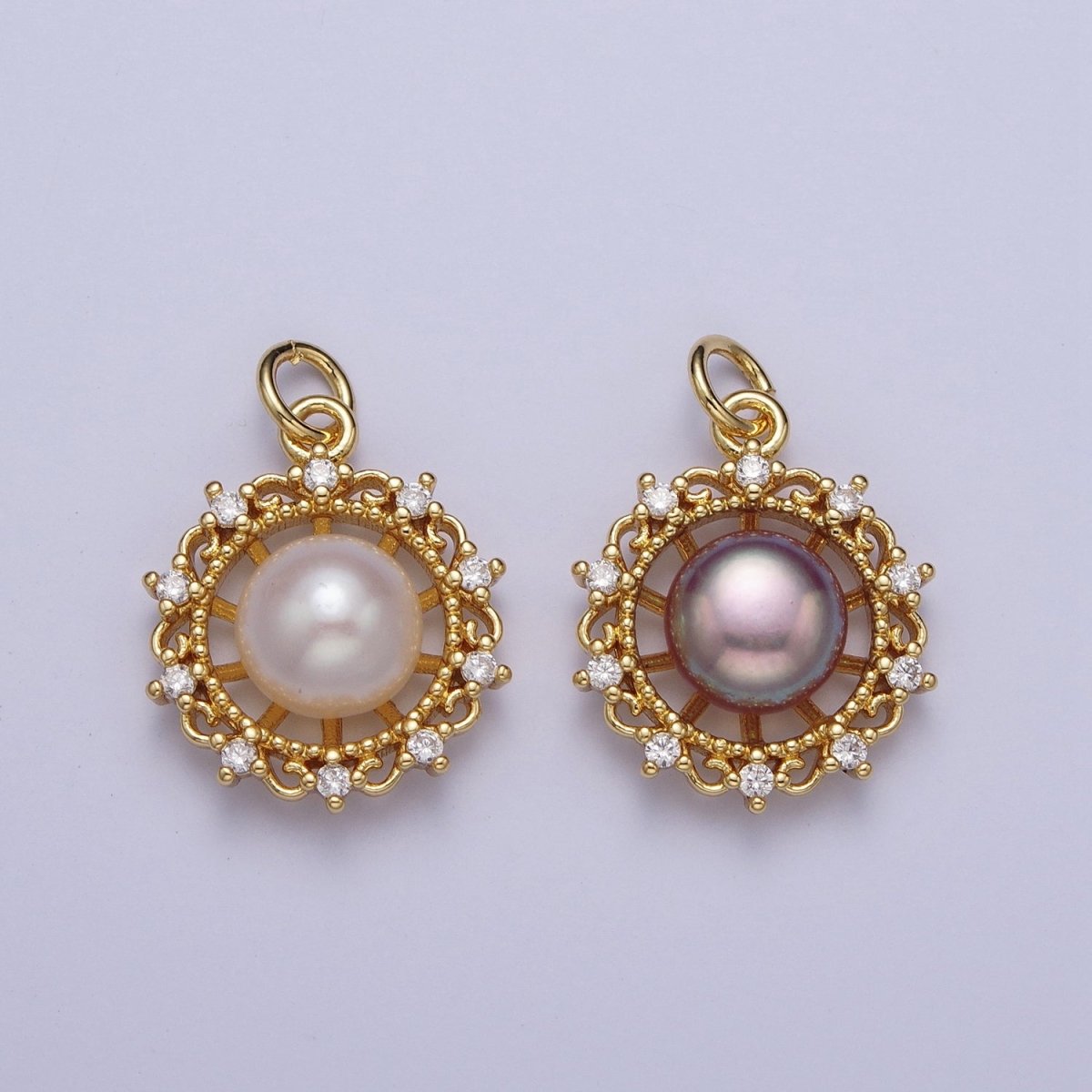 Round White / Purple Shell Pearl Celestial Wheel CZ Gold Charm | N-676