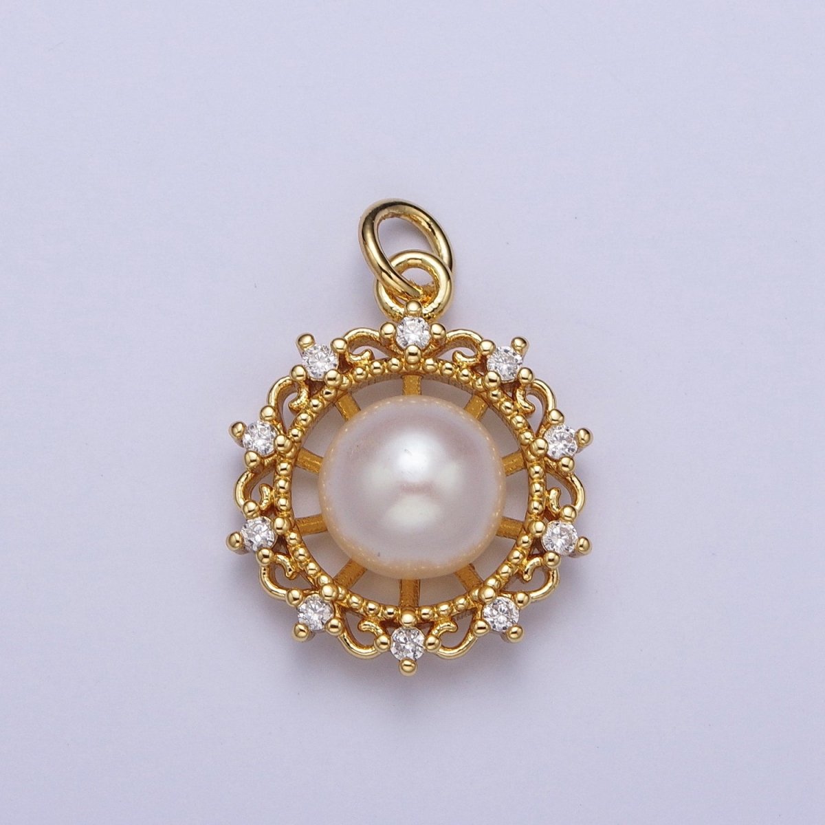 Round White / Purple Shell Pearl Celestial Wheel CZ Gold Charm | N-676