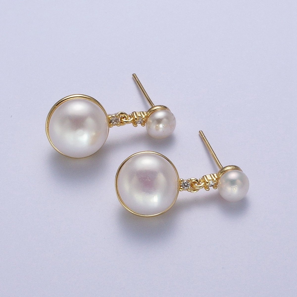 Round White / Purple Shell Pearl Dangle Drop Stud Cubic Zirconia Gold Earrings | AD-037 AD-038