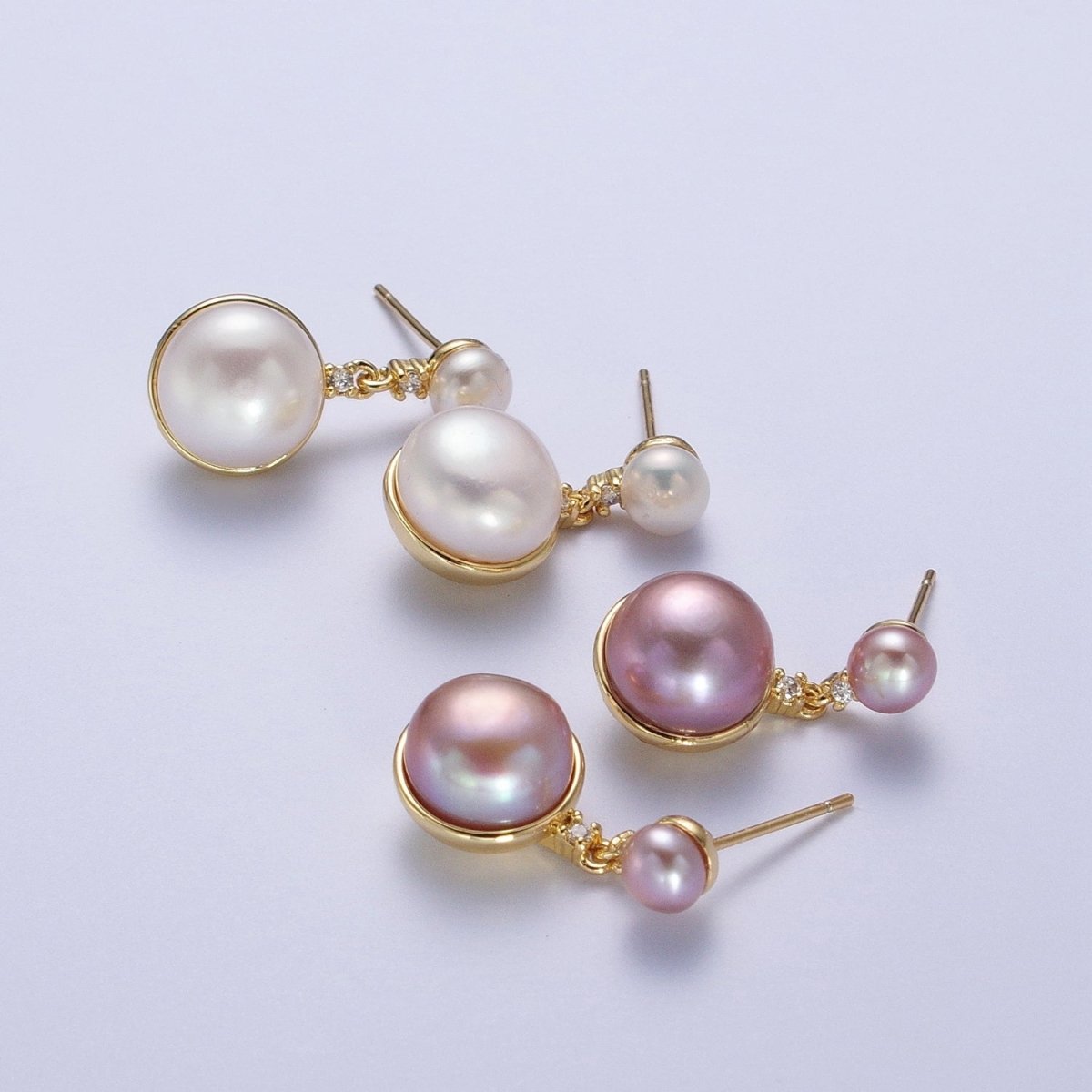 Round White / Purple Shell Pearl Dangle Drop Stud Cubic Zirconia Gold Earrings | AD-037 AD-038
