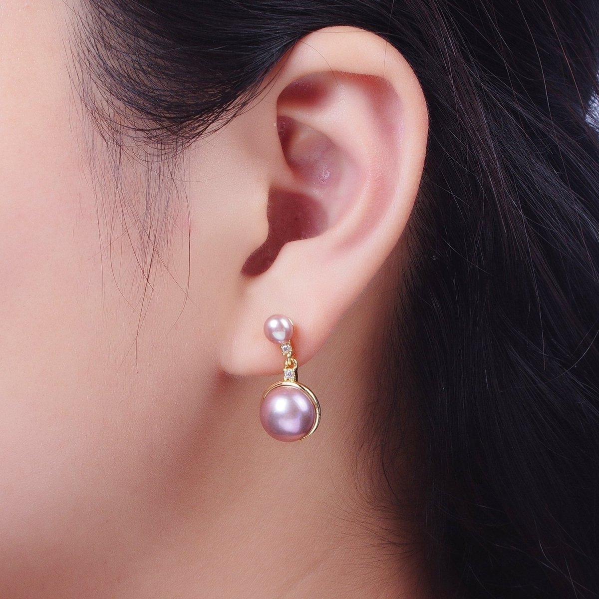 Round White / Purple Shell Pearl Dangle Drop Stud Cubic Zirconia Gold Earrings | AD-037 AD-038