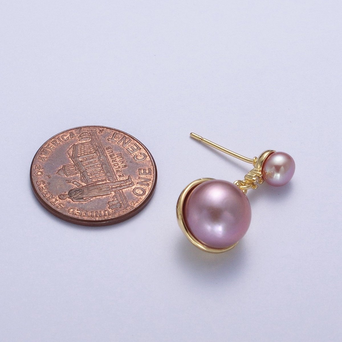 Round White / Purple Shell Pearl Dangle Drop Stud Cubic Zirconia Gold Earrings | AD-037 AD-038