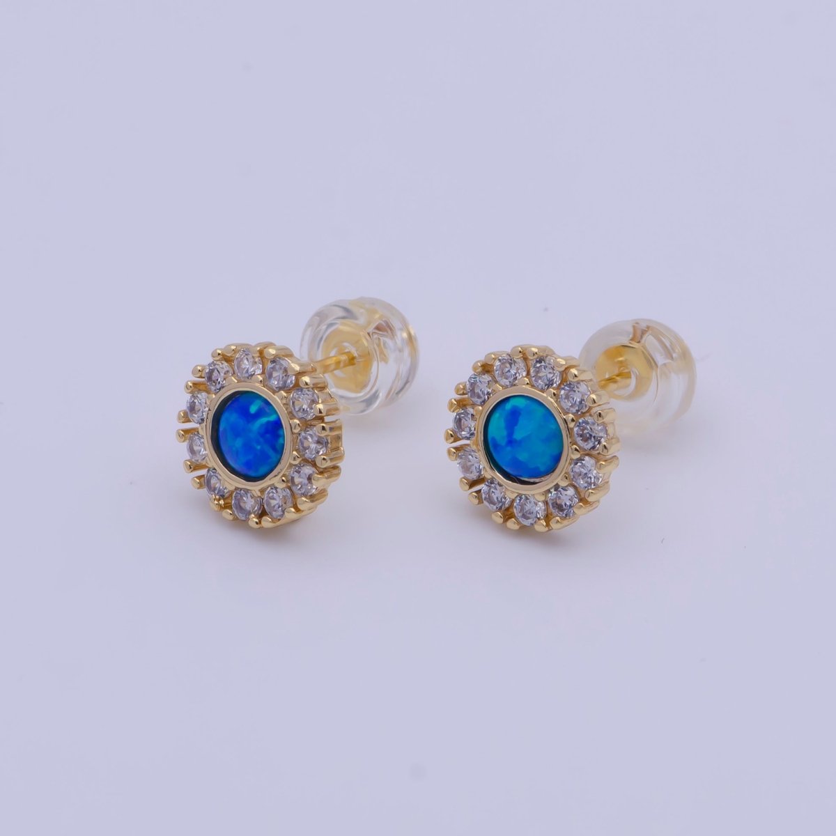 Round White/Blue Opal Micro Paved CZ Studs with Loop Earring Supply  L-921 L-922