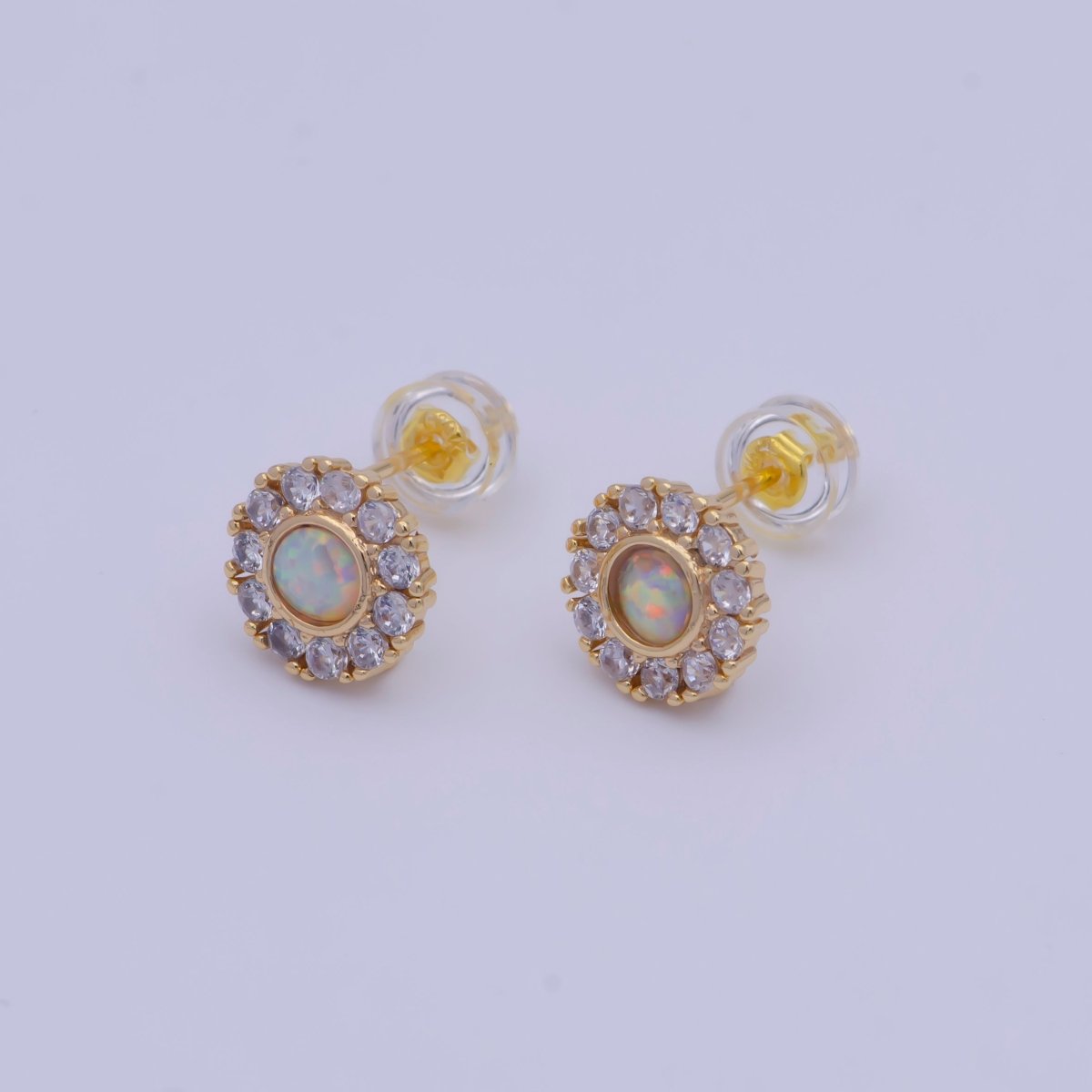 Round White/Blue Opal Micro Paved CZ Studs with Loop Earring Supply  L-921 L-922