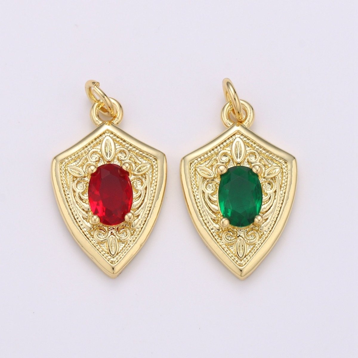 Ruby Cubic Zirconia Charms Pendants-Emerald CZ 14K Gold Filled Medieval Charm, Shield Pendant Necklace Bracelet Supply D-702 D-703