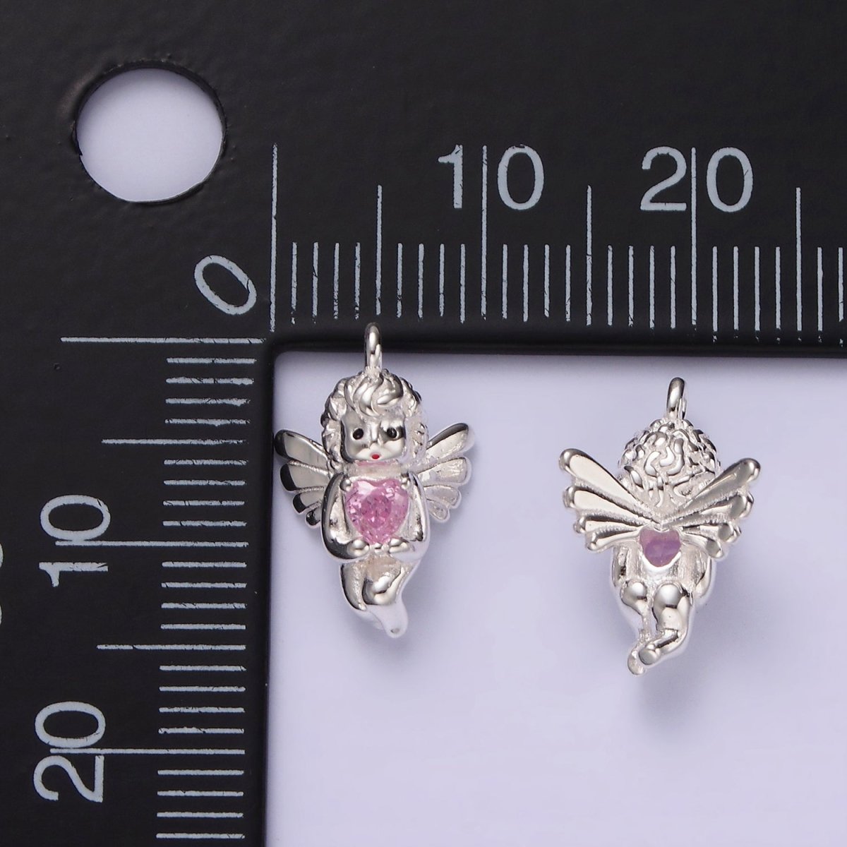 S925 Sterling Silver 15mm Pink CZ Heart Cupid Cherub Fairy Charm | SL-423 - DLUXCA