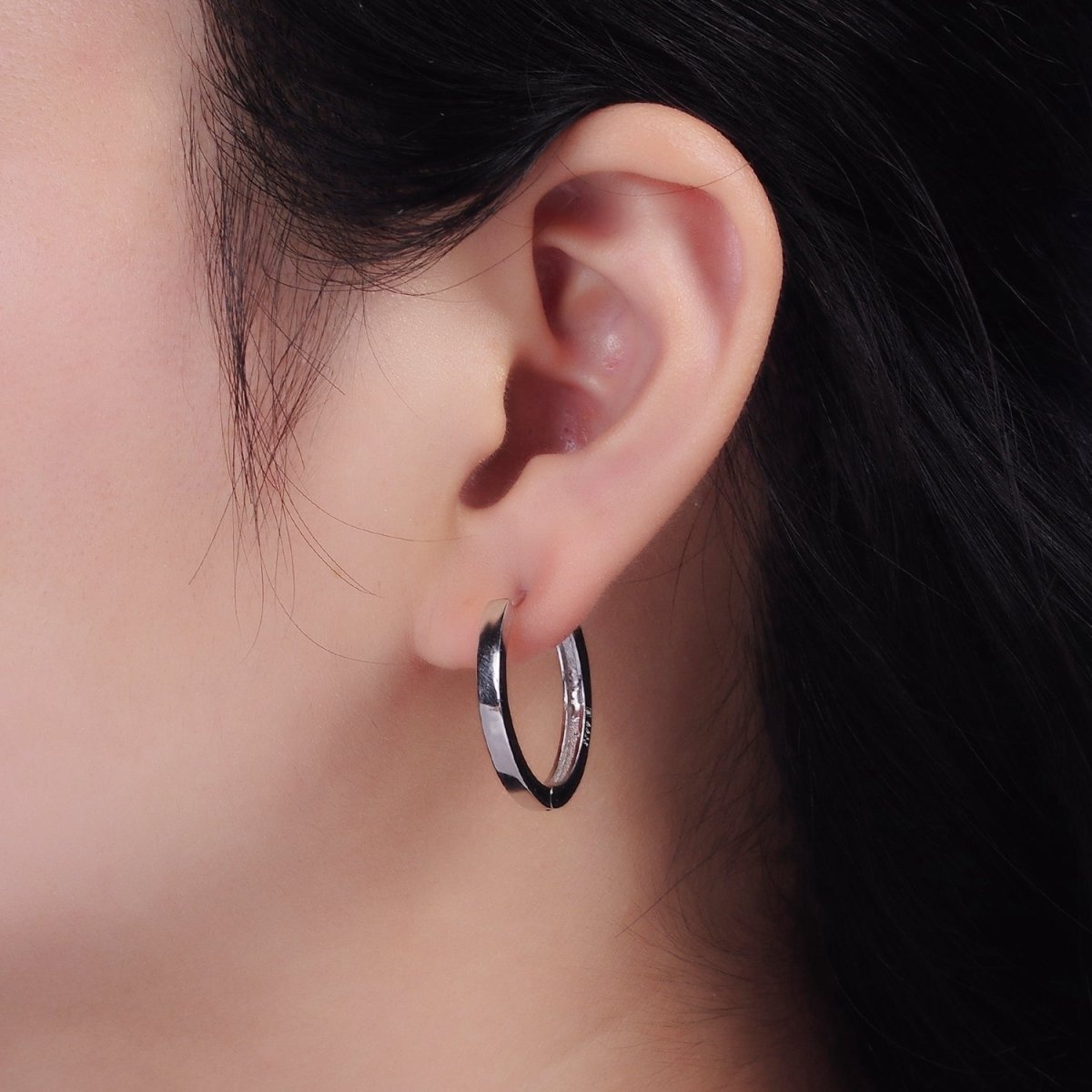 S925 Sterling Silver 25mm Flat Huggie Hoop Minimalist Earrings | SL-414 - DLUXCA