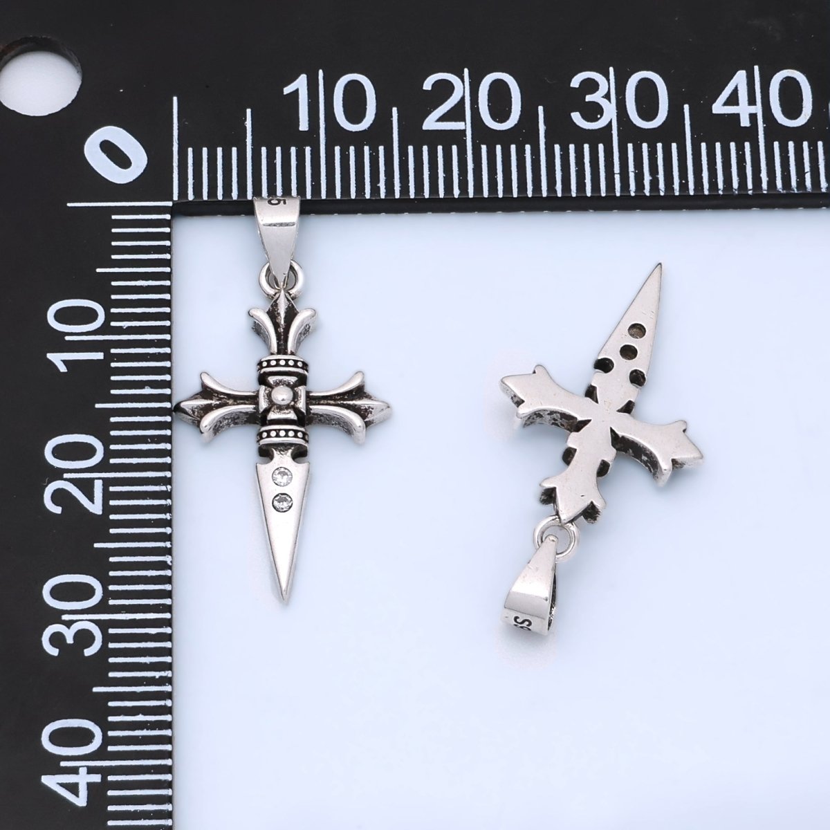 S925 Sterling Silver 30mm Fleur St. James Cross Knife Oxidized Pendant | SL - 462 - DLUXCA