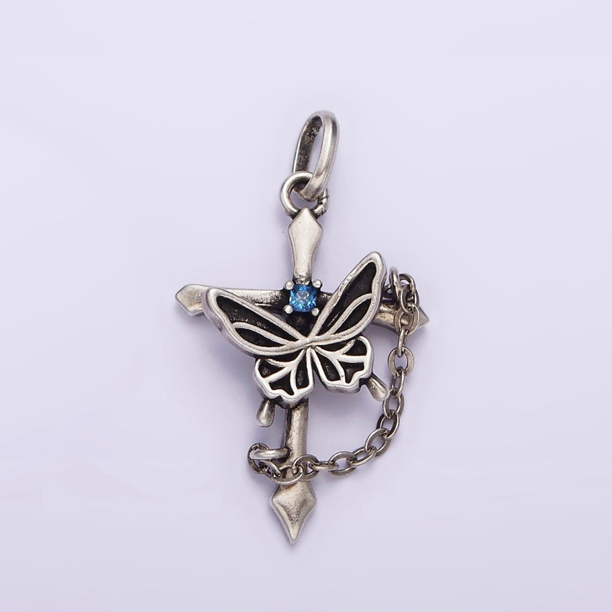 S925 Sterling Silver Blue CZ Butterfly Passion Cross Chain Link Charm | SL-331 - DLUXCA